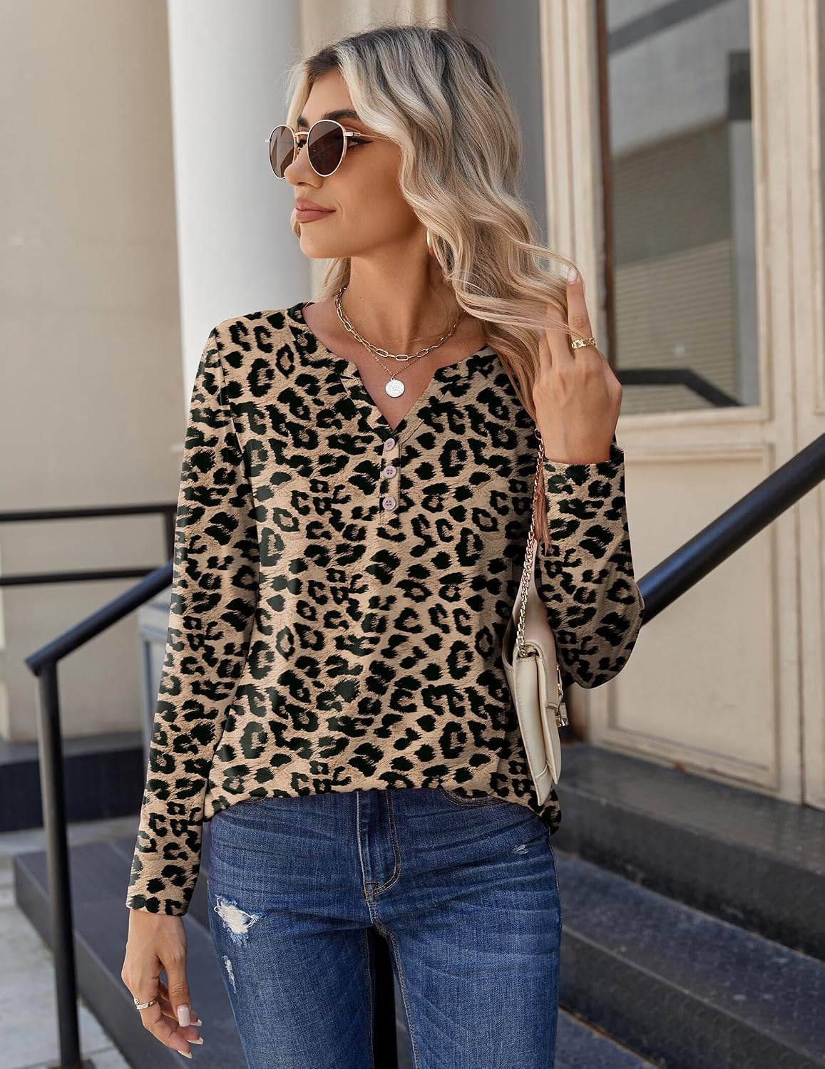 image:imageZeagoo Long Sleeve Shirts for Women Casual V Neck Fall Tops Summer BlousesLeopard