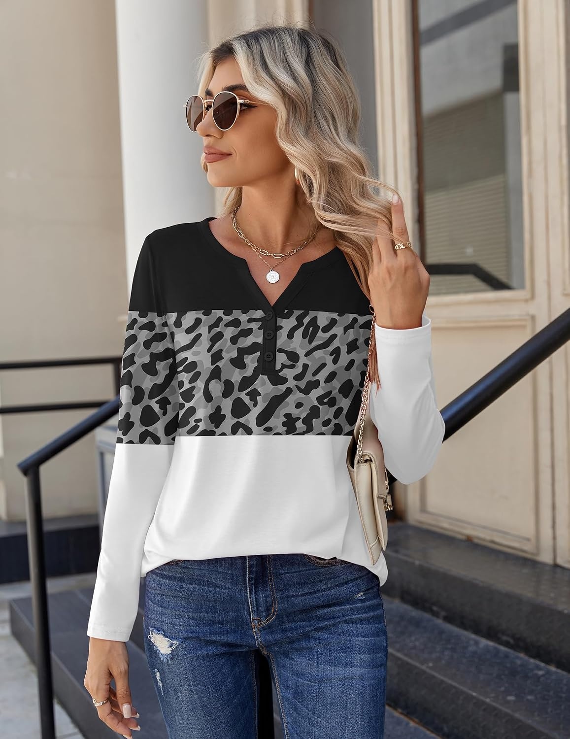 image:imageZeagoo Long Sleeve Shirts for Women Casual V Neck Fall Tops Summer BlousesLeopard Patchwork