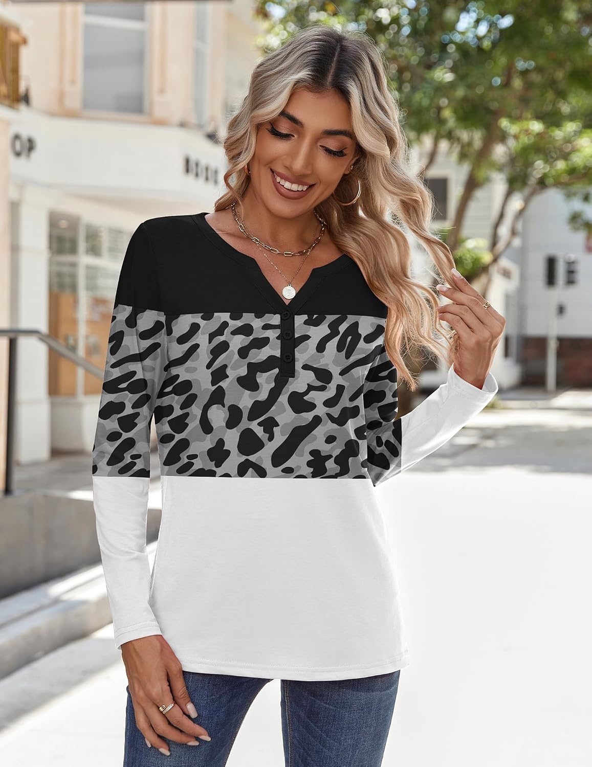image:imageZeagoo Long Sleeve Shirts for Women Casual V Neck Fall Tops Summer BlousesLeopard Patchwork