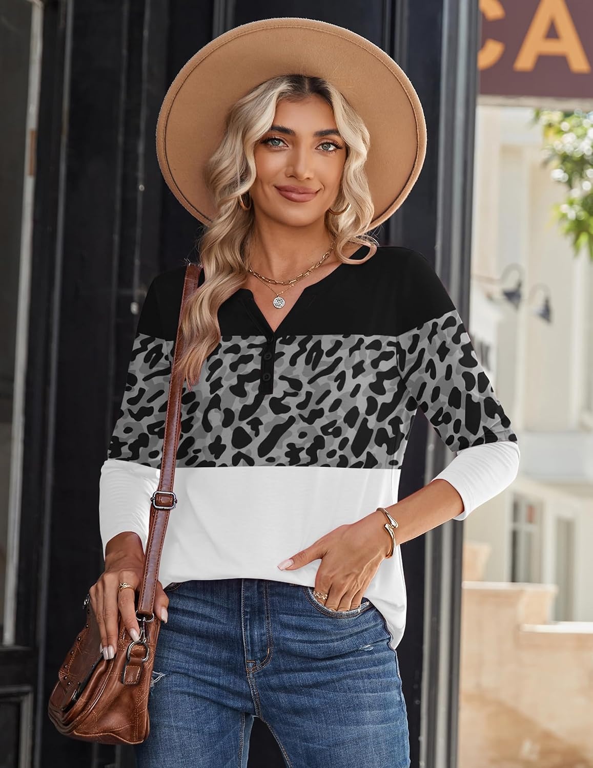 image:imageZeagoo Long Sleeve Shirts for Women Casual V Neck Fall Tops Summer BlousesLeopard Patchwork