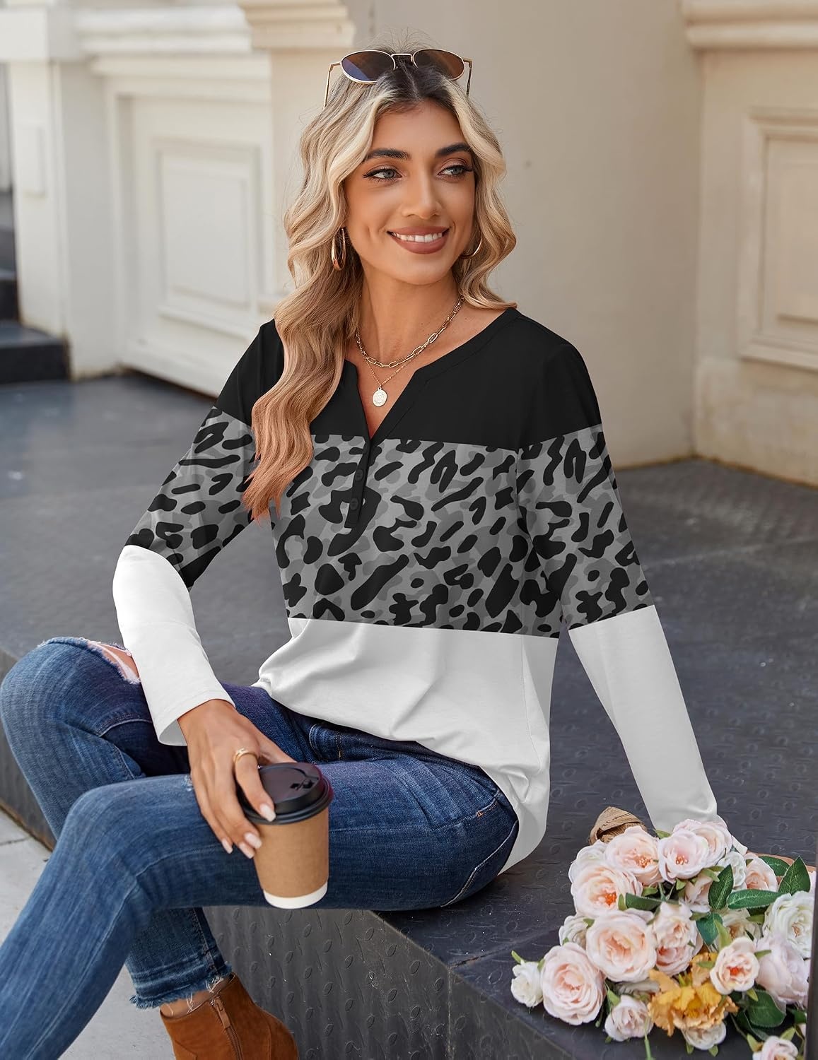 image:imageZeagoo Long Sleeve Shirts for Women Casual V Neck Fall Tops Summer BlousesLeopard Patchwork