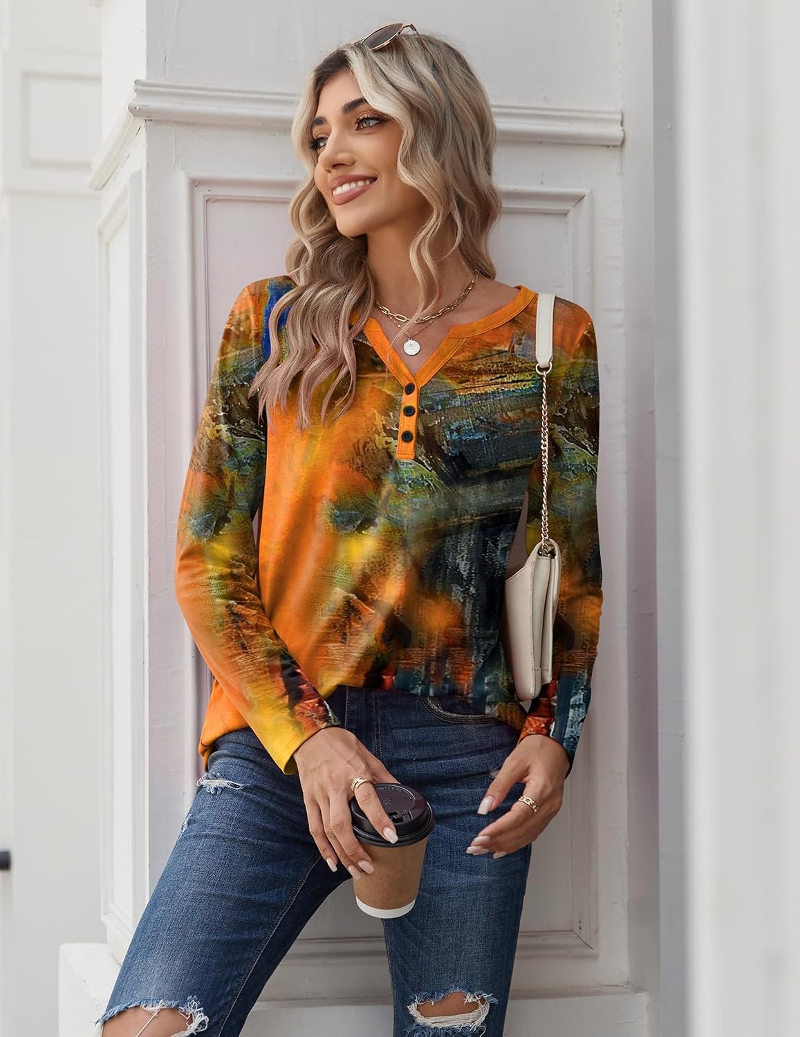 image:imageZeagoo Long Sleeve Shirts for Women Casual V Neck Fall Tops Summer BlousesMulticolor 272