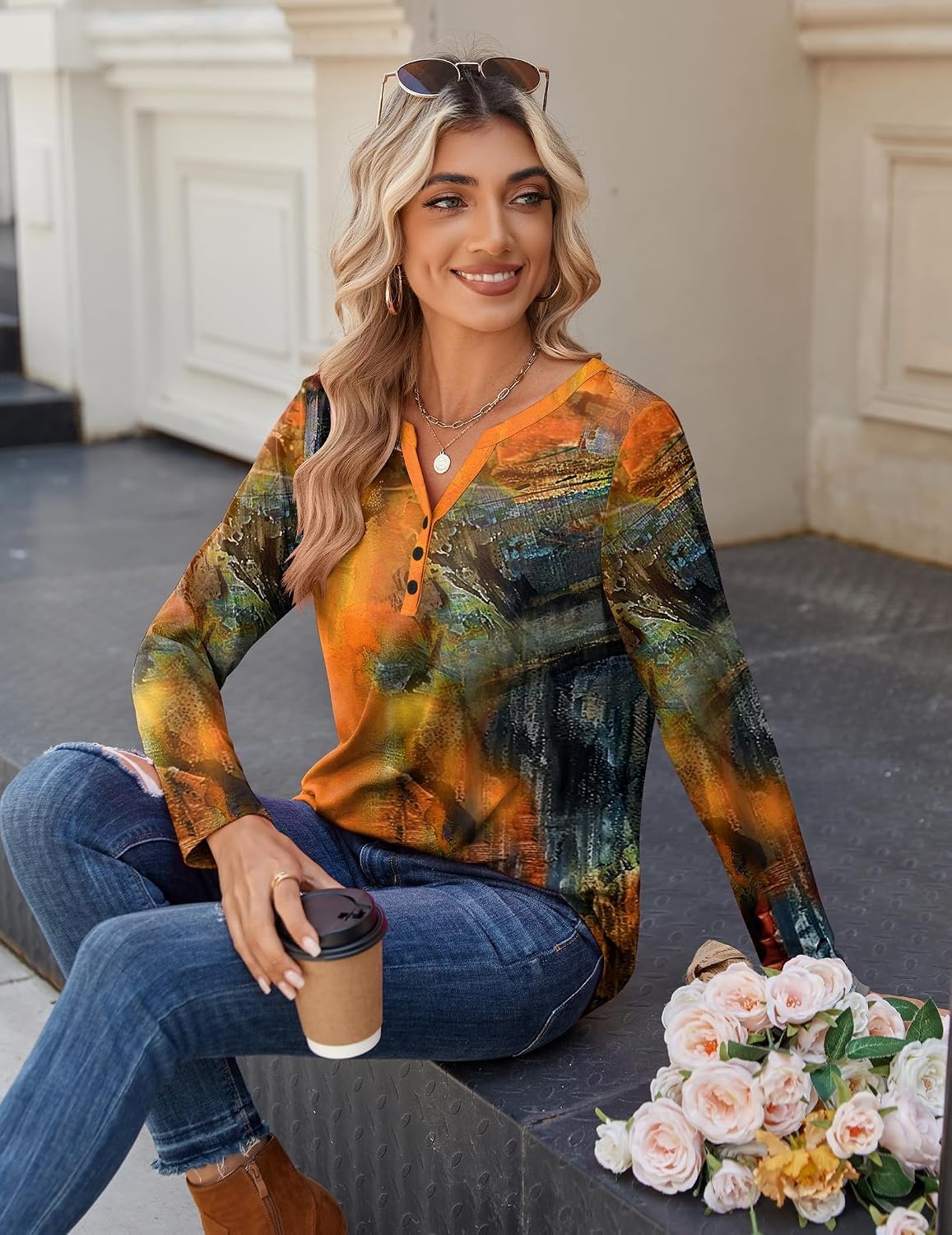 image:imageZeagoo Long Sleeve Shirts for Women Casual V Neck Fall Tops Summer BlousesMulticolor 272