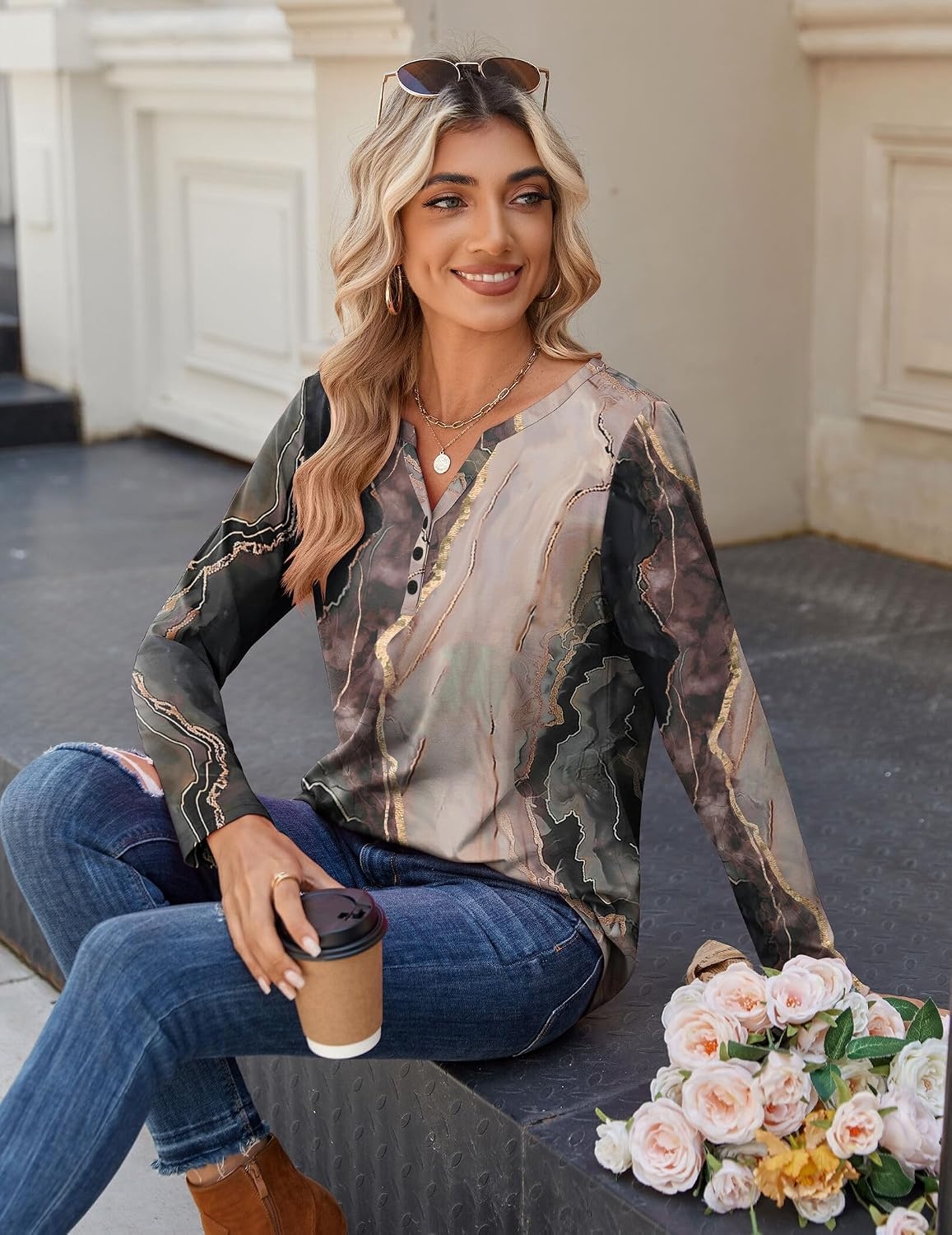 image:imageZeagoo Long Sleeve Shirts for Women Casual V Neck Fall Tops Summer BlousesMulticolor 278