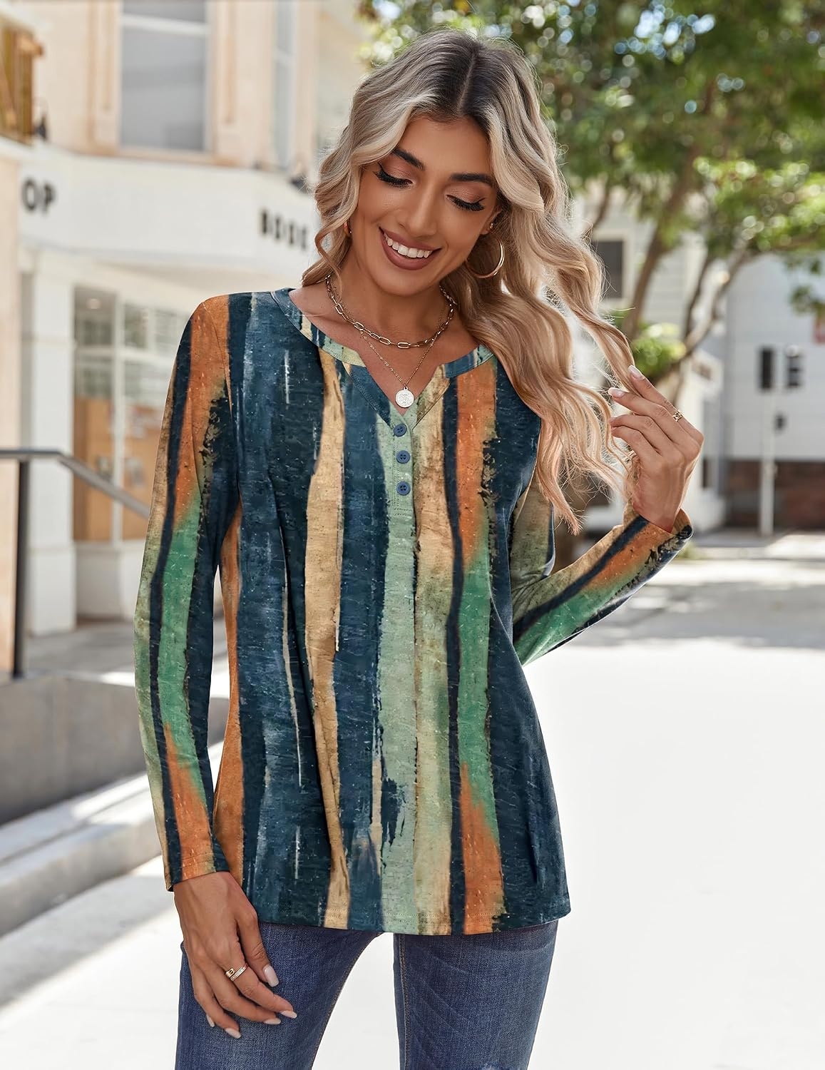 image:imageZeagoo Long Sleeve Shirts for Women Casual V Neck Fall Tops Summer BlousesMulticolor 289