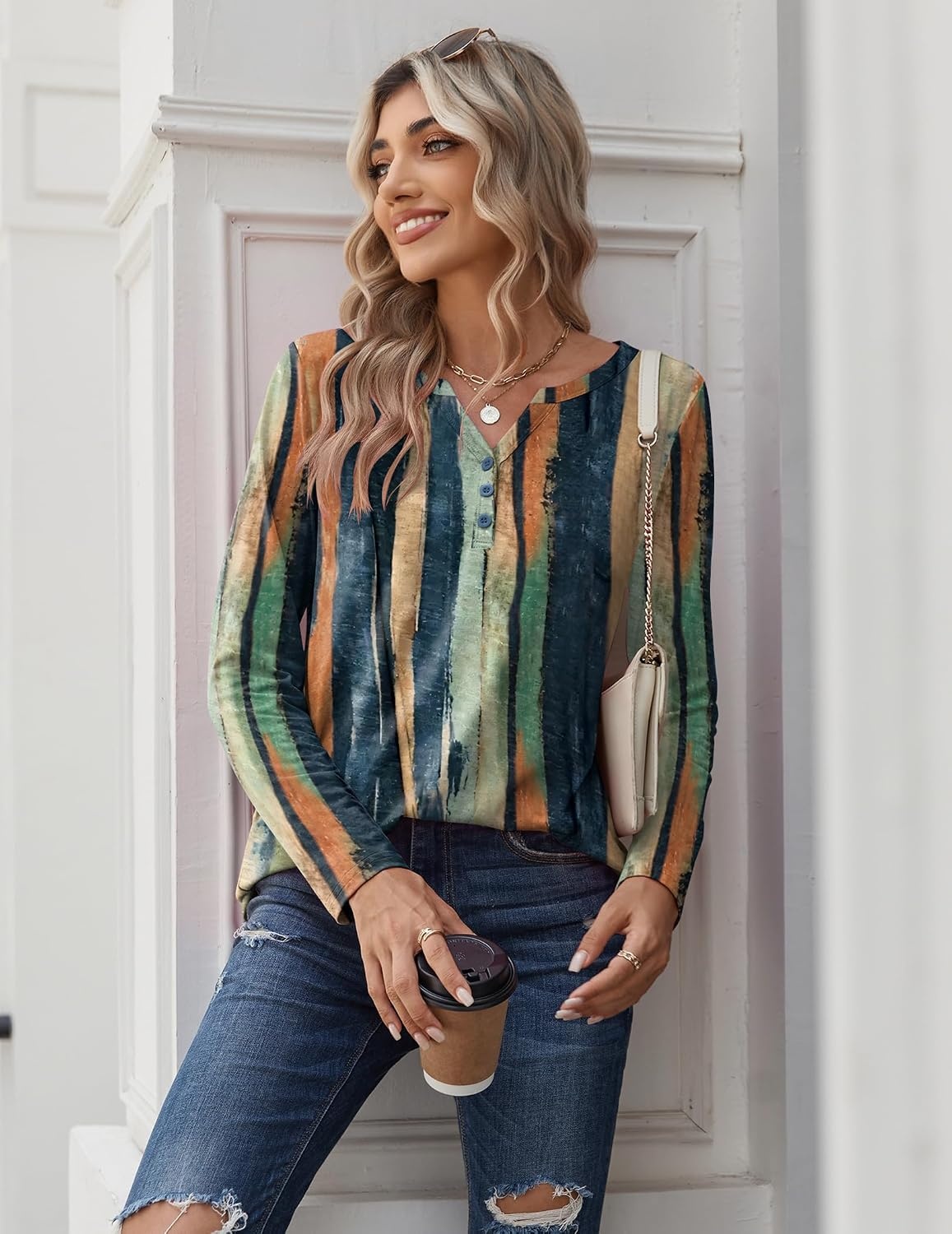 image:imageZeagoo Long Sleeve Shirts for Women Casual V Neck Fall Tops Summer BlousesMulticolor 289