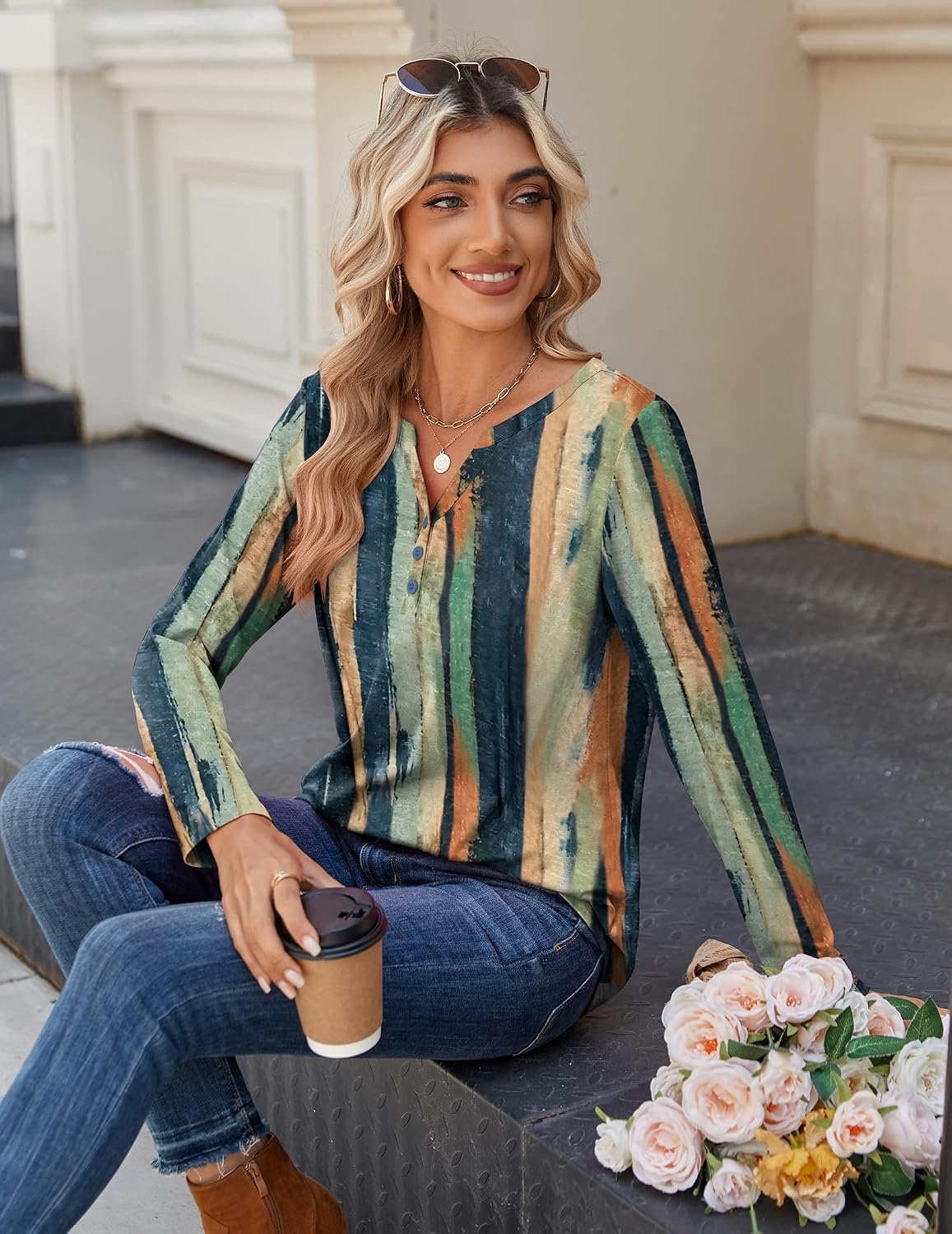 image:imageZeagoo Long Sleeve Shirts for Women Casual V Neck Fall Tops Summer BlousesMulticolor 289
