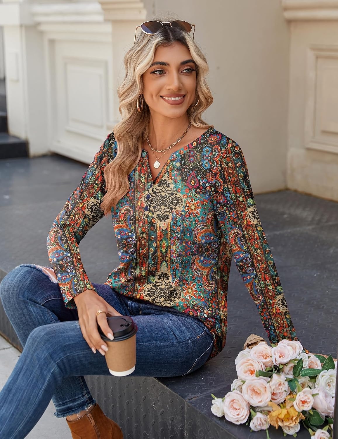 image:imageZeagoo Long Sleeve Shirts for Women Casual V Neck Fall Tops Summer BlousesMulticolor 721