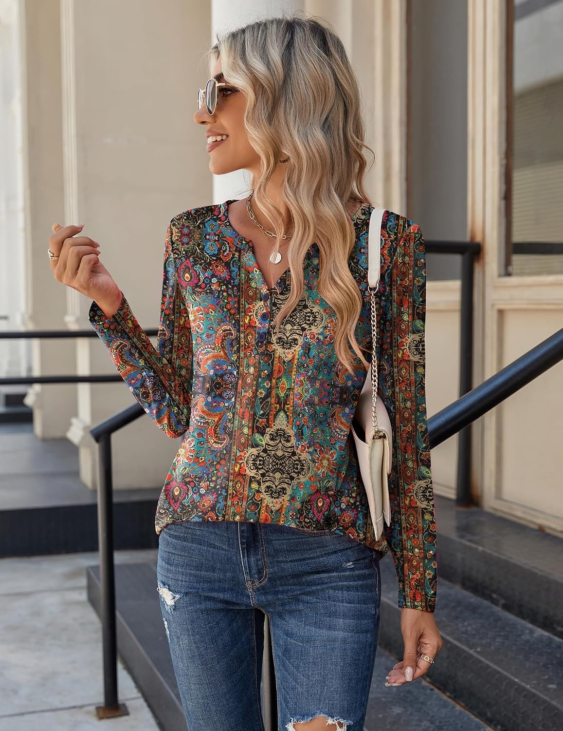 image:imageZeagoo Long Sleeve Shirts for Women Casual V Neck Fall Tops Summer BlousesMulticolor 721