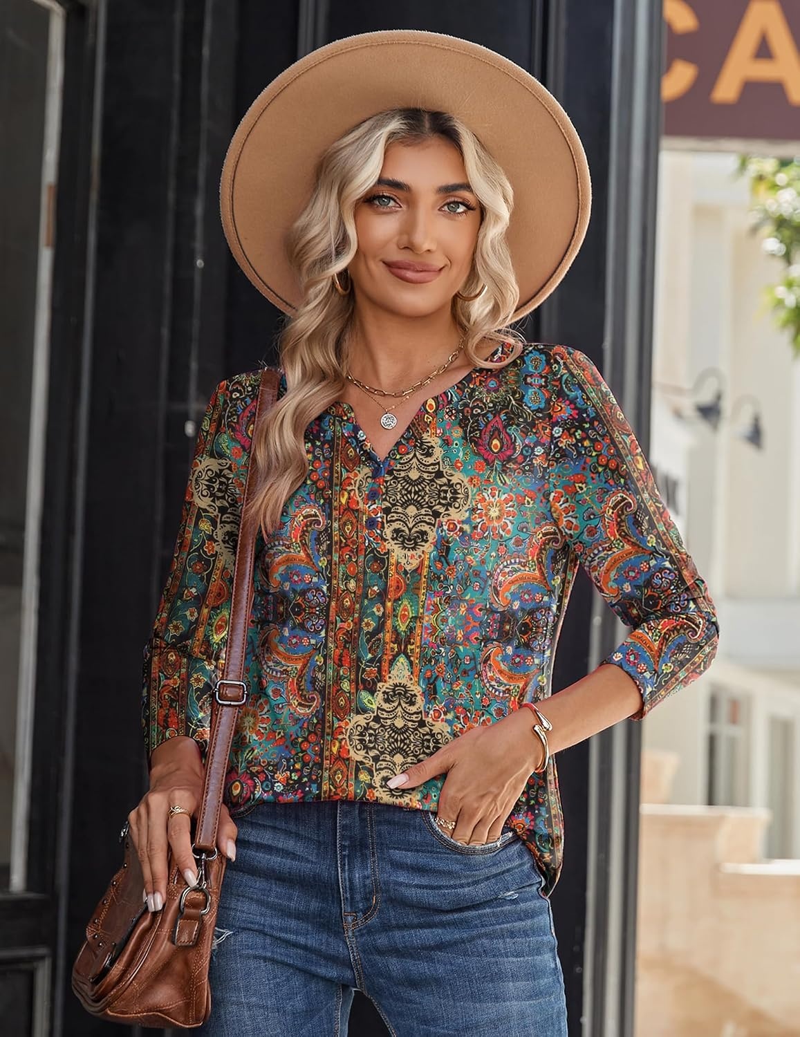 image:imageZeagoo Long Sleeve Shirts for Women Casual V Neck Fall Tops Summer BlousesMulticolor 721