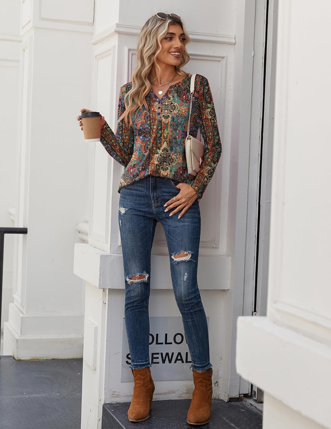 image:imageZeagoo Long Sleeve Shirts for Women Casual V Neck Fall Tops Summer BlousesMulticolor 721