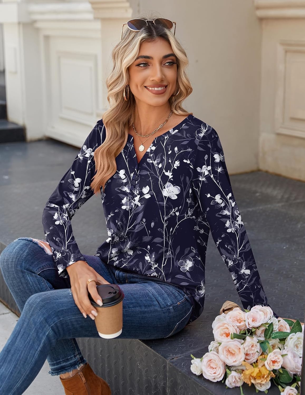 image:imageZeagoo Long Sleeve Shirts for Women Casual V Neck Fall Tops Summer BlousesNavy Floral 180