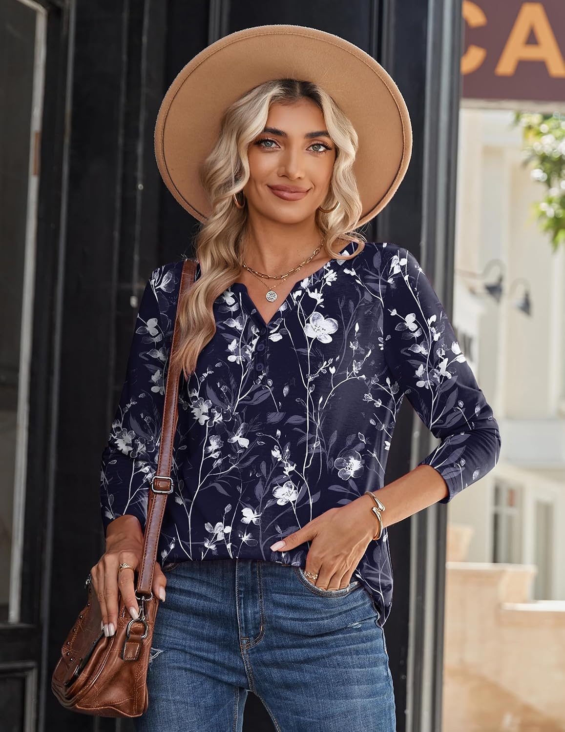 image:imageZeagoo Long Sleeve Shirts for Women Casual V Neck Fall Tops Summer BlousesNavy Floral 180