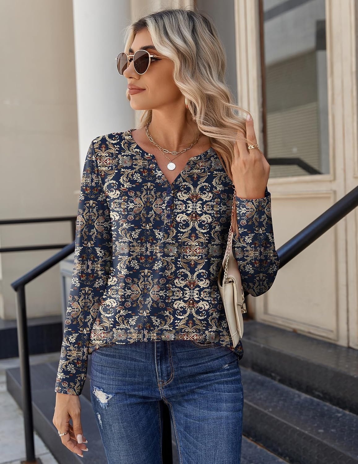image:imageZeagoo Long Sleeve Shirts for Women Casual V Neck Fall Tops Summer BlousesNavy Floral 869