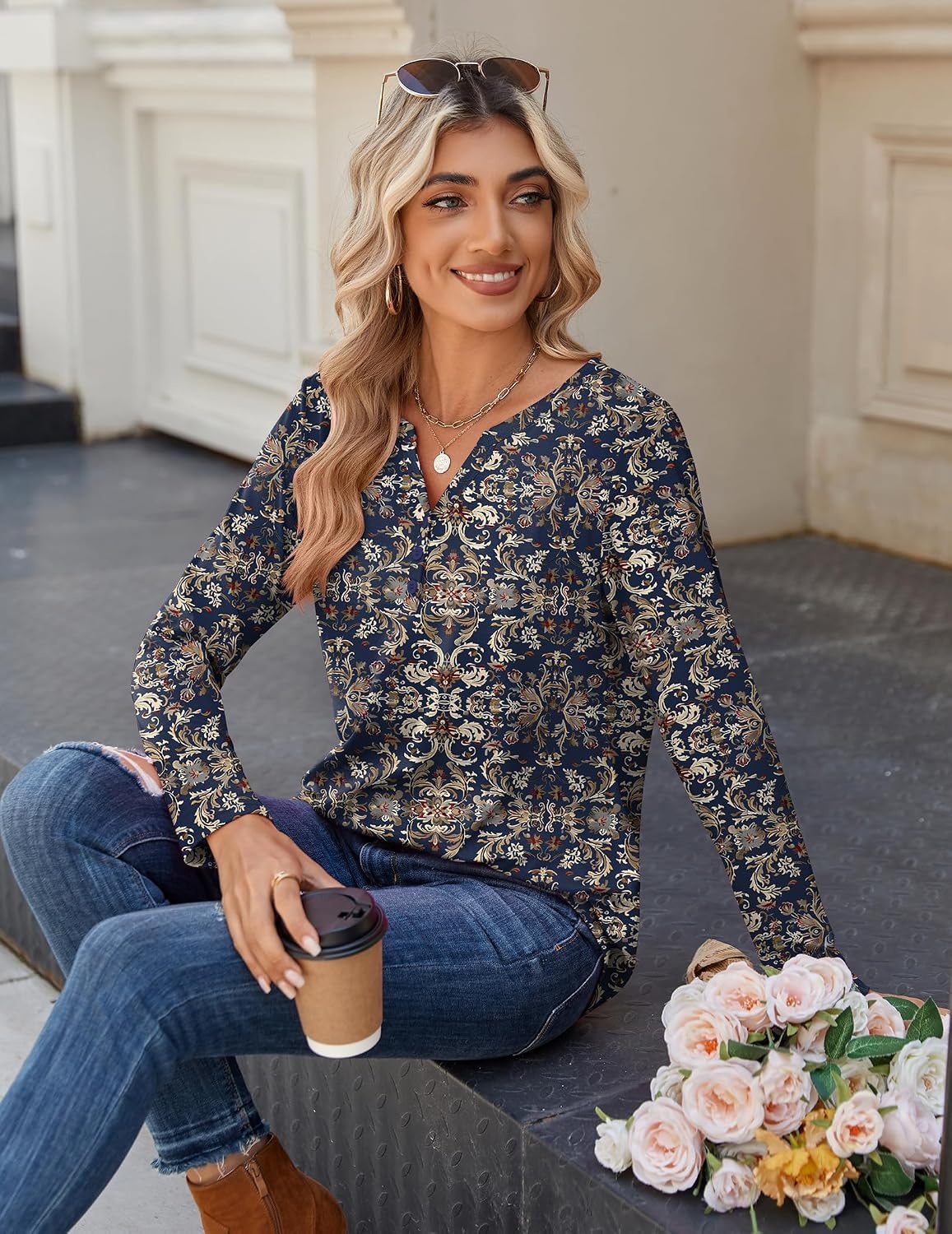 image:imageZeagoo Long Sleeve Shirts for Women Casual V Neck Fall Tops Summer BlousesNavy Floral 869