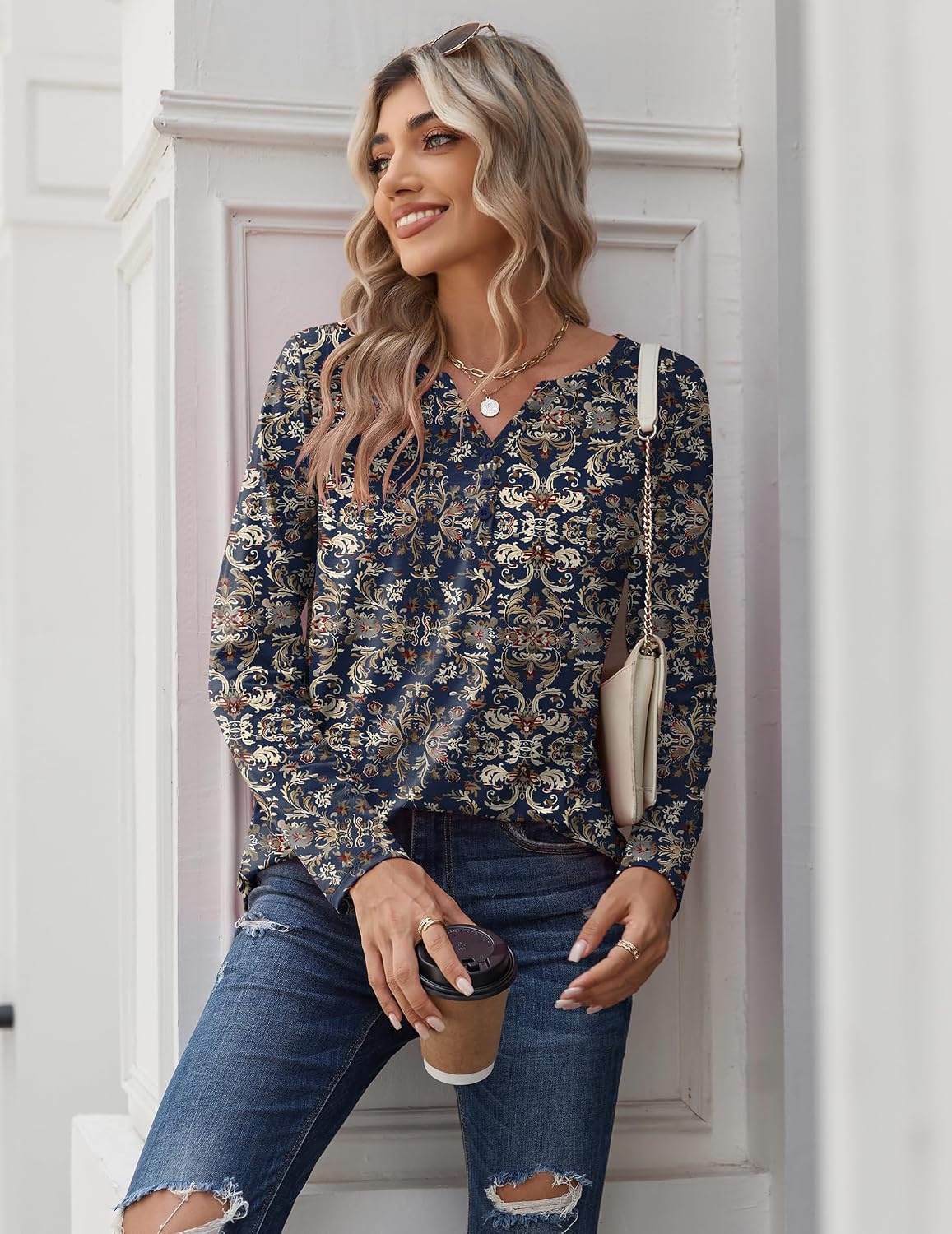 image:imageZeagoo Long Sleeve Shirts for Women Casual V Neck Fall Tops Summer BlousesNavy Floral 869