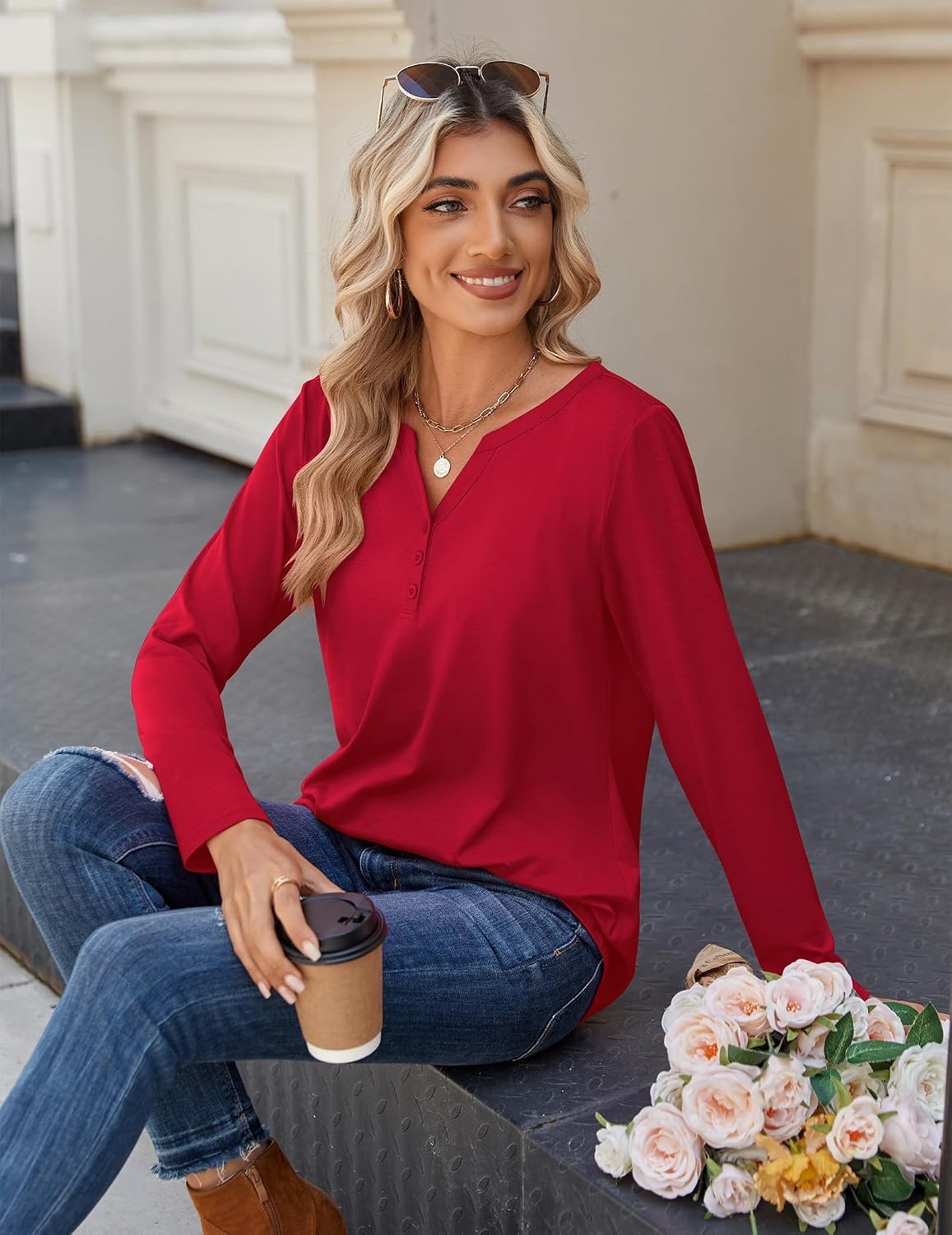 image:imageZeagoo Long Sleeve Shirts for Women Casual V Neck Fall Tops Summer BlousesRed