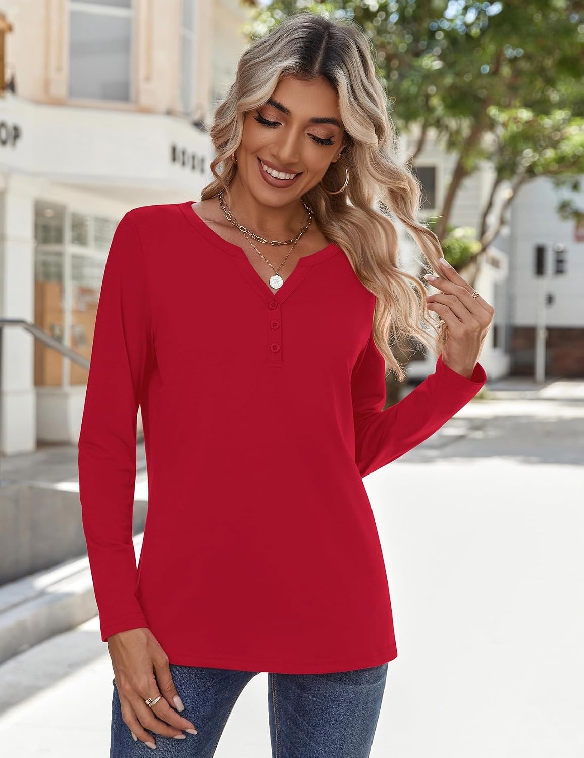 image:imageZeagoo Long Sleeve Shirts for Women Casual V Neck Fall Tops Summer BlousesRed