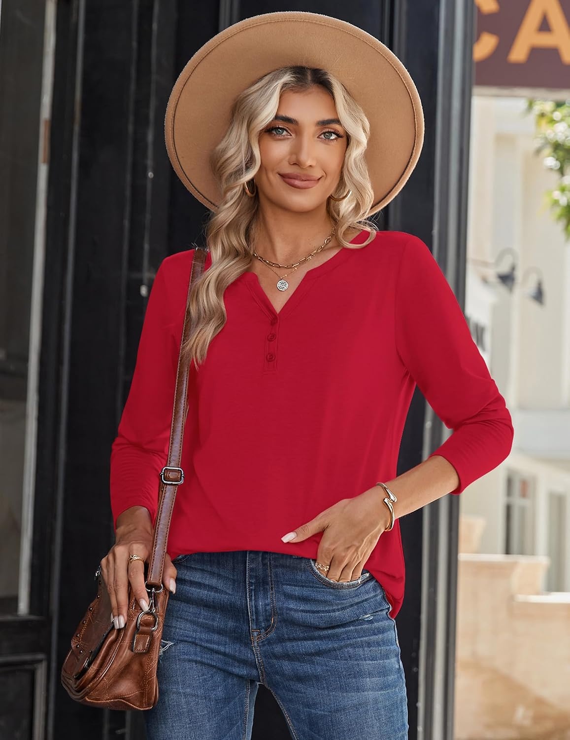 image:imageZeagoo Long Sleeve Shirts for Women Casual V Neck Fall Tops Summer BlousesRed