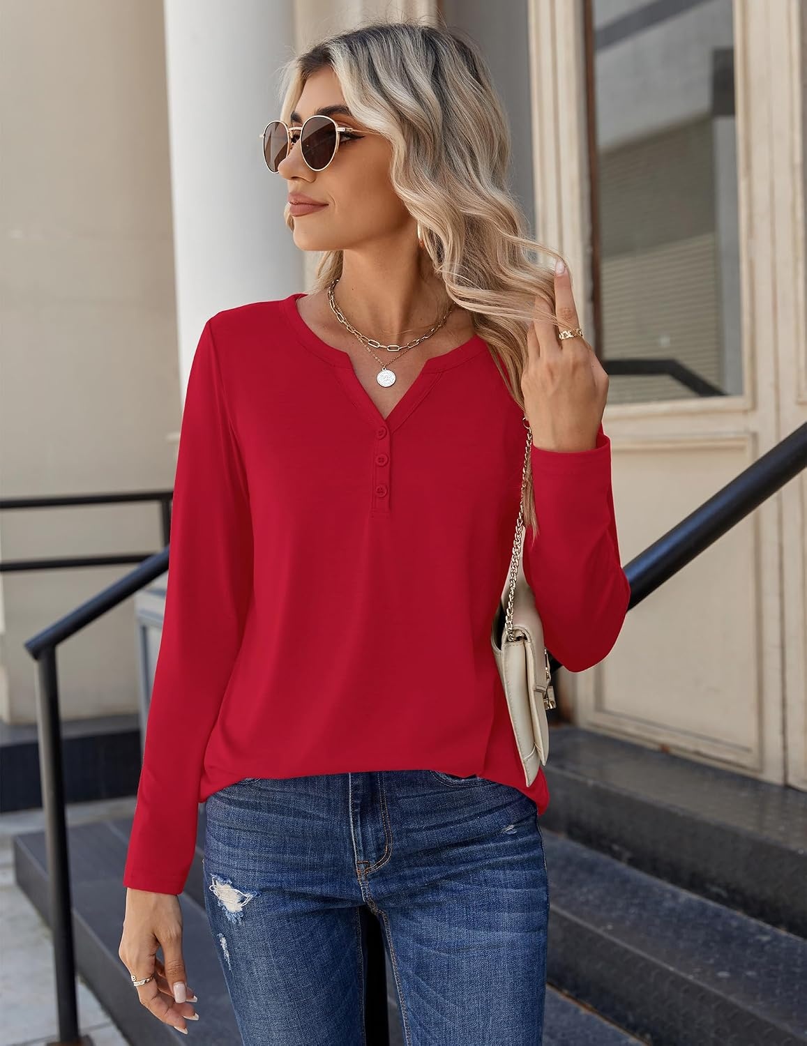 image:imageZeagoo Long Sleeve Shirts for Women Casual V Neck Fall Tops Summer BlousesRed