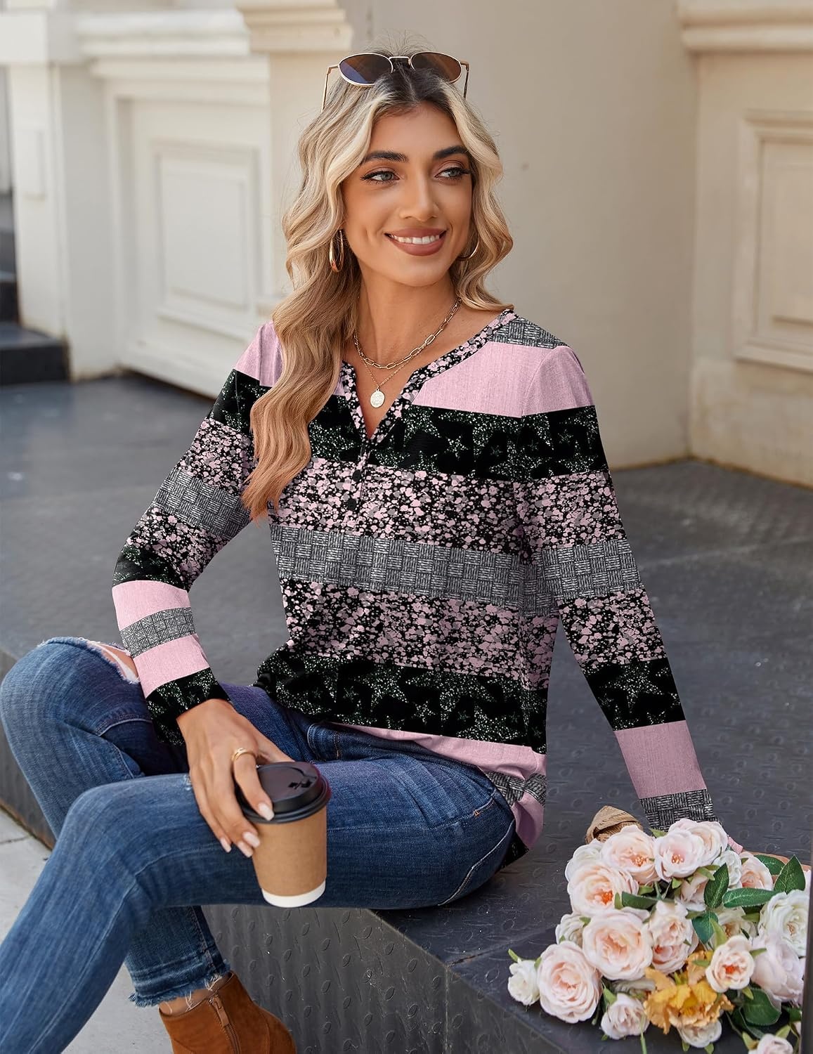 image:imageZeagoo Long Sleeve Shirts for Women Casual V Neck Fall Tops Summer BlousesStripes Black Pink