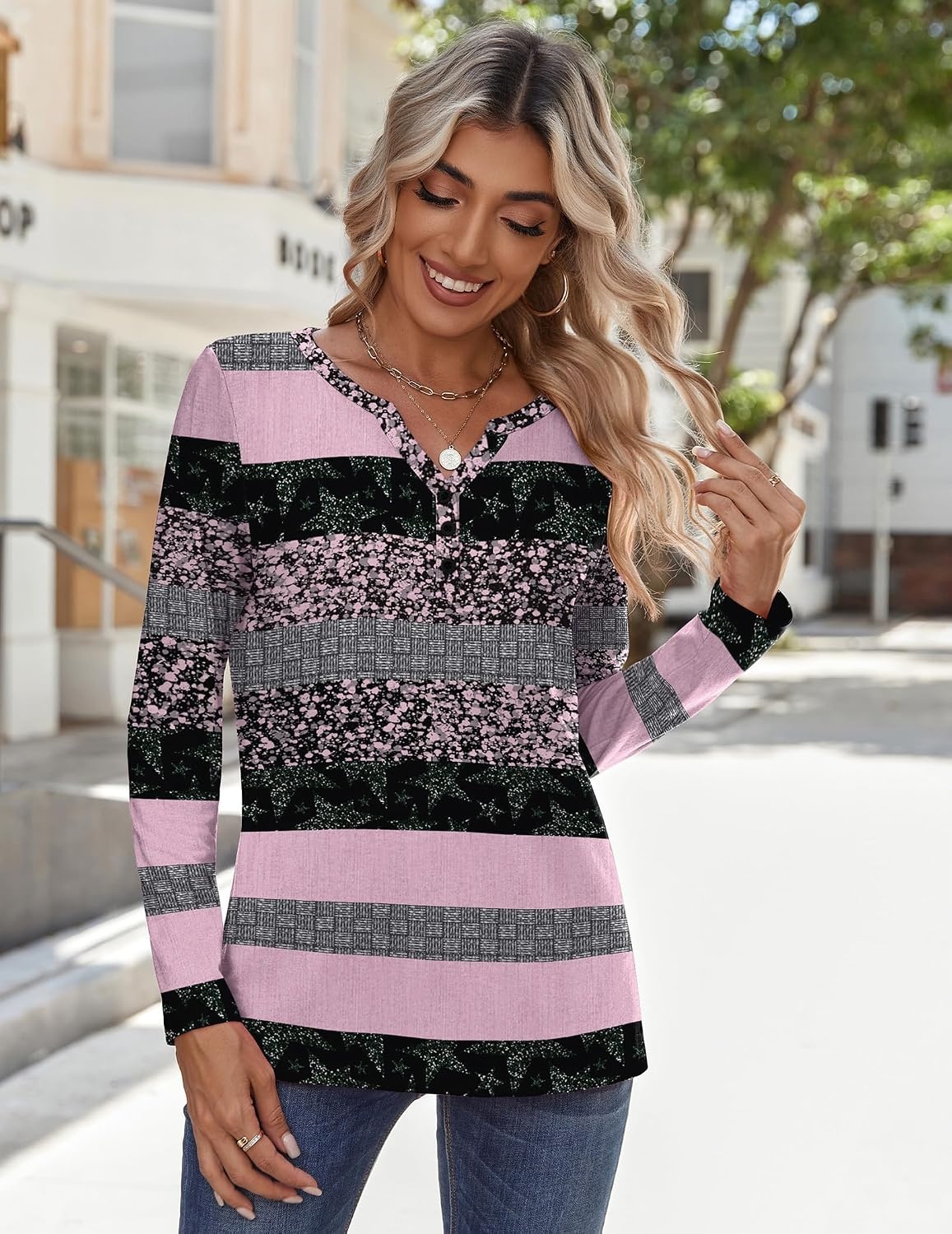 image:imageZeagoo Long Sleeve Shirts for Women Casual V Neck Fall Tops Summer BlousesStripes Black Pink