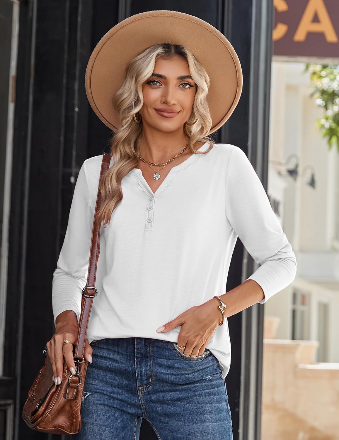 image:imageZeagoo Long Sleeve Shirts for Women Casual V Neck Fall Tops Summer BlousesWhite