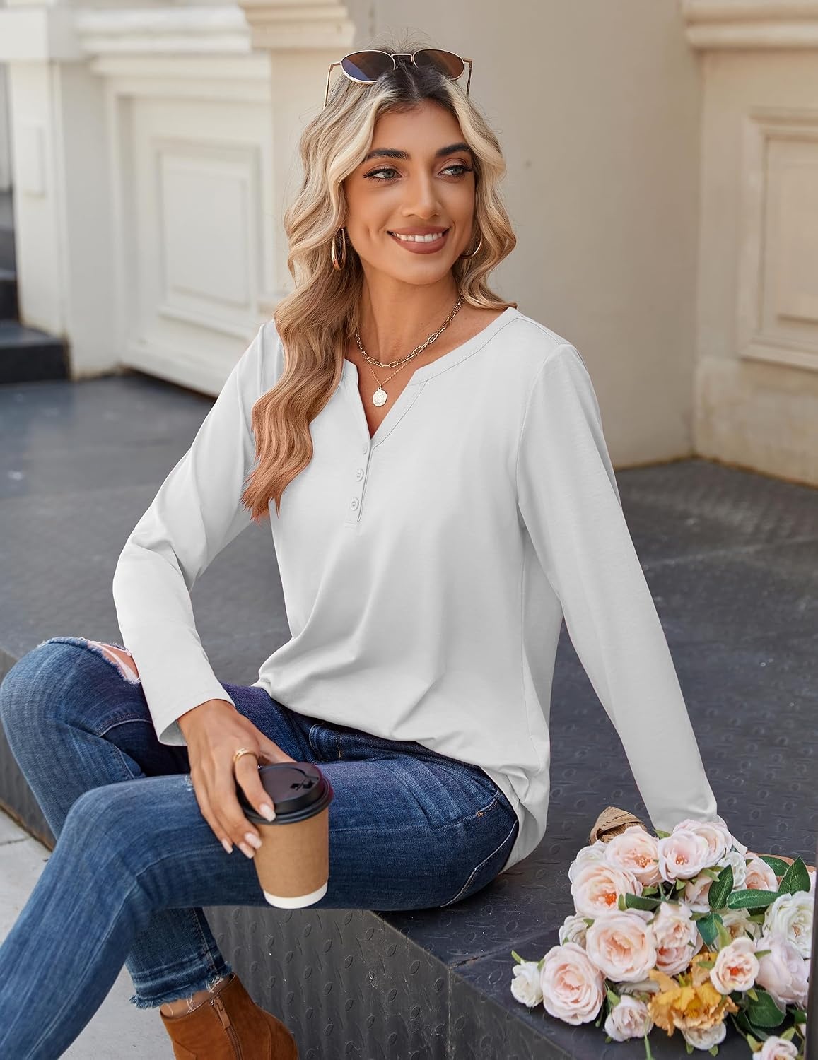 image:imageZeagoo Long Sleeve Shirts for Women Casual V Neck Fall Tops Summer BlousesWhite