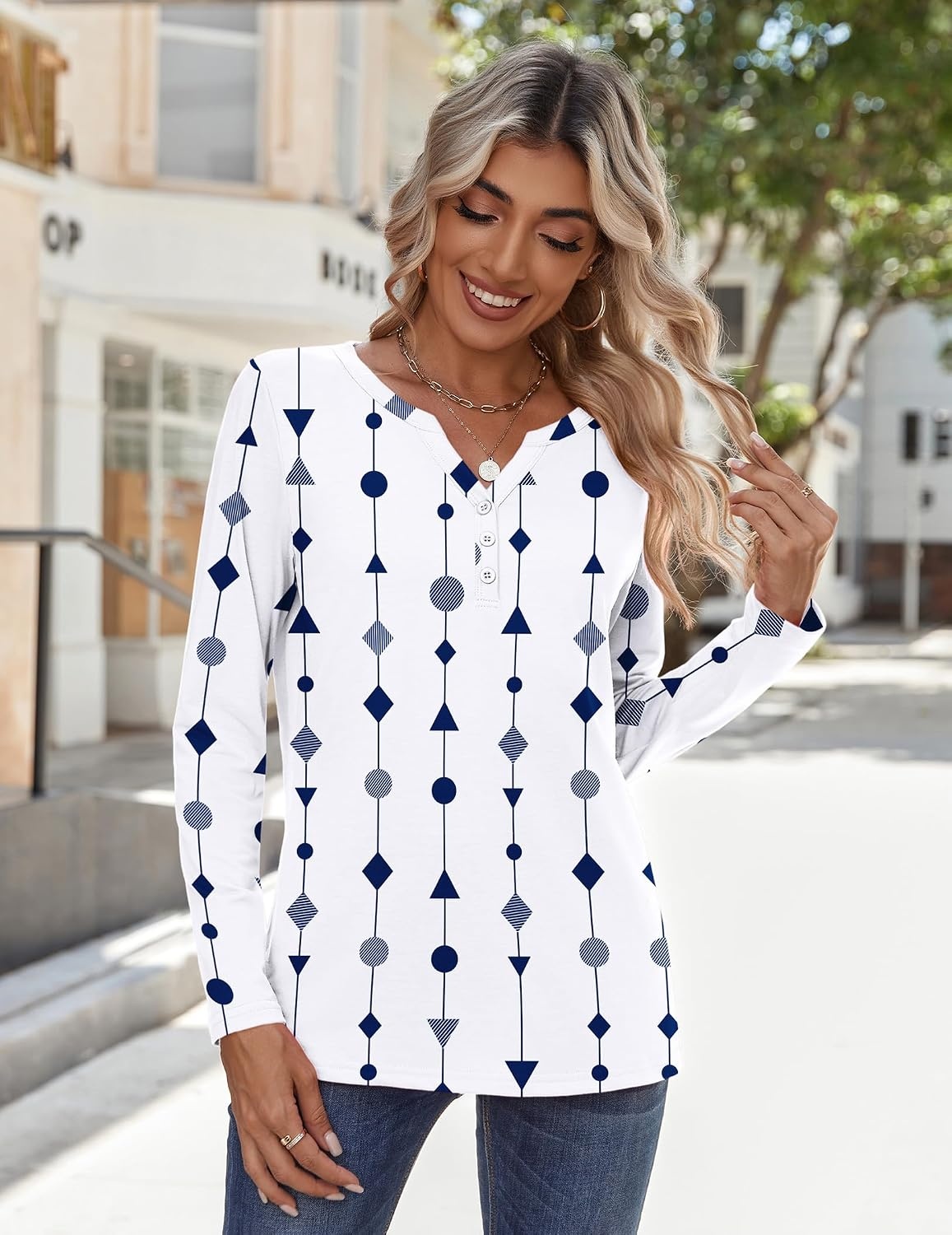 image:imageZeagoo Long Sleeve Shirts for Women Casual V Neck Fall Tops Summer BlousesWhite Geometric 599
