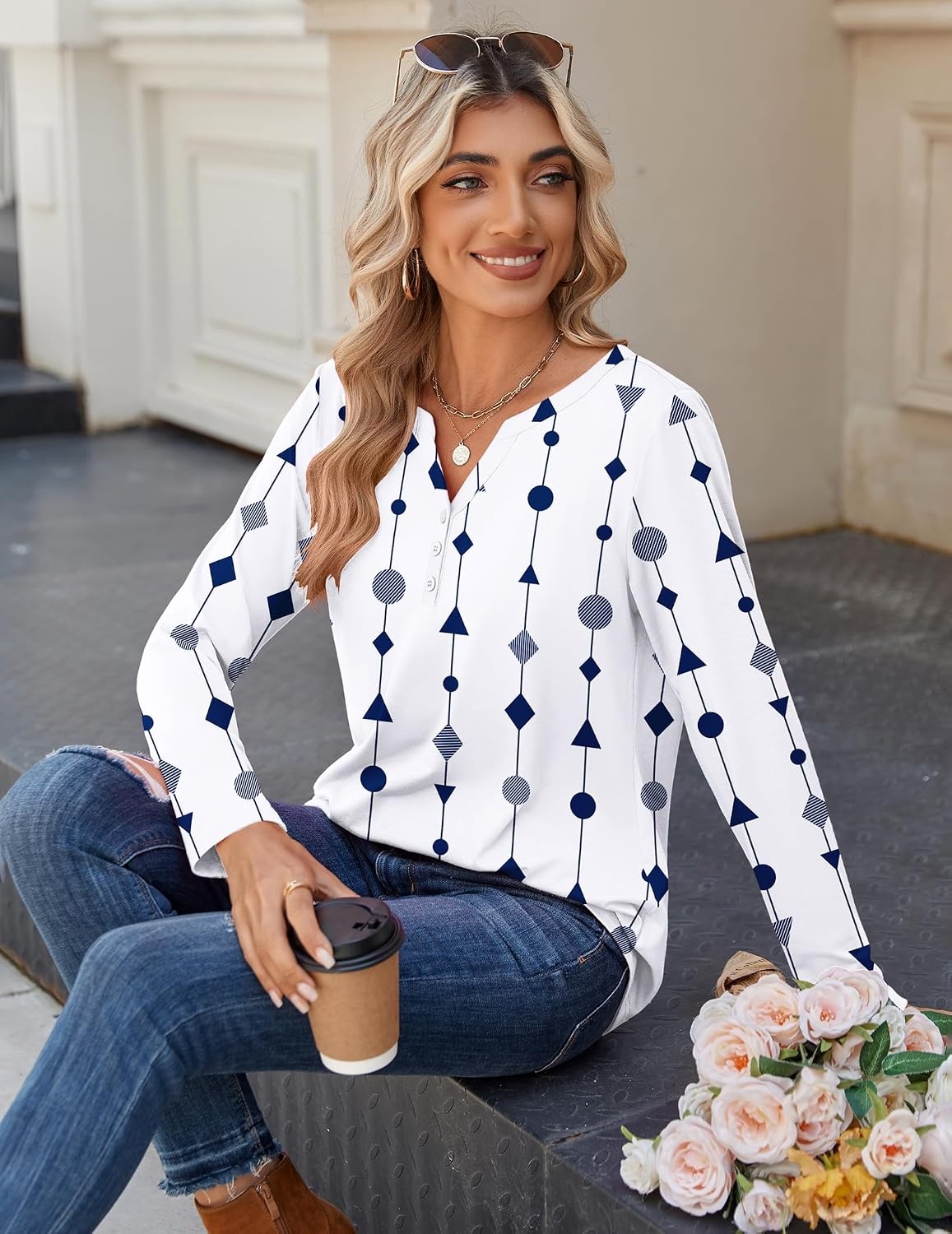 image:imageZeagoo Long Sleeve Shirts for Women Casual V Neck Fall Tops Summer BlousesWhite Geometric 599