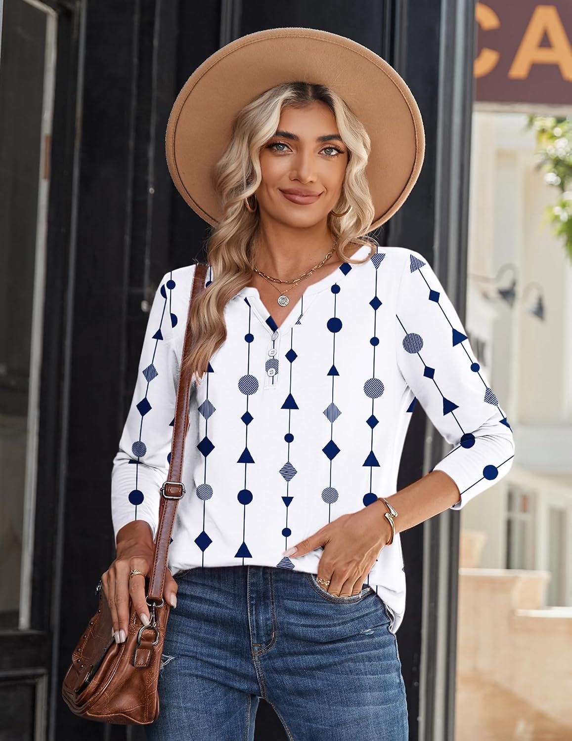 image:imageZeagoo Long Sleeve Shirts for Women Casual V Neck Fall Tops Summer BlousesWhite Geometric 599