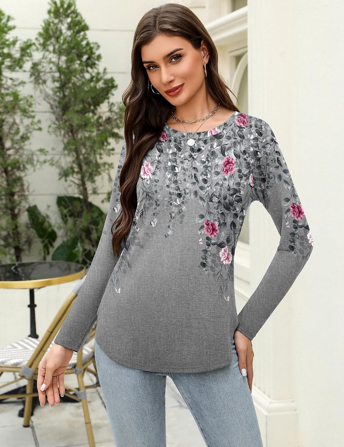 image:imageZeagoo Long Sleeve Shirts for Women Crew Neck Casual Fall Fashion Blouses Basic Tunic Tops Dressy Work ClothesAgrey Printhf36