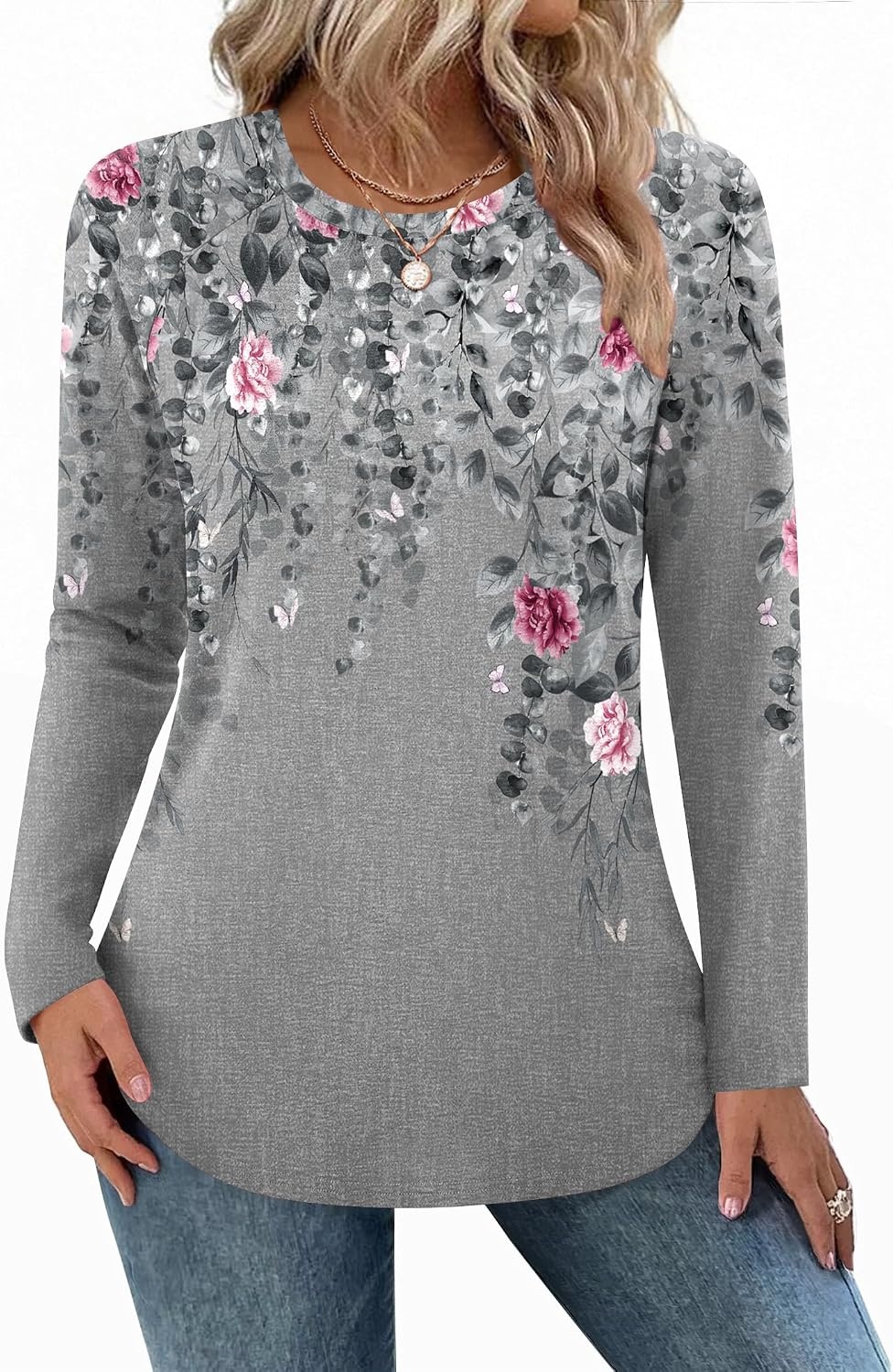 image:imageZeagoo Long Sleeve Shirts for Women Crew Neck Casual Fall Fashion Blouses Basic Tunic Tops Dressy Work ClothesAgrey Printhf36