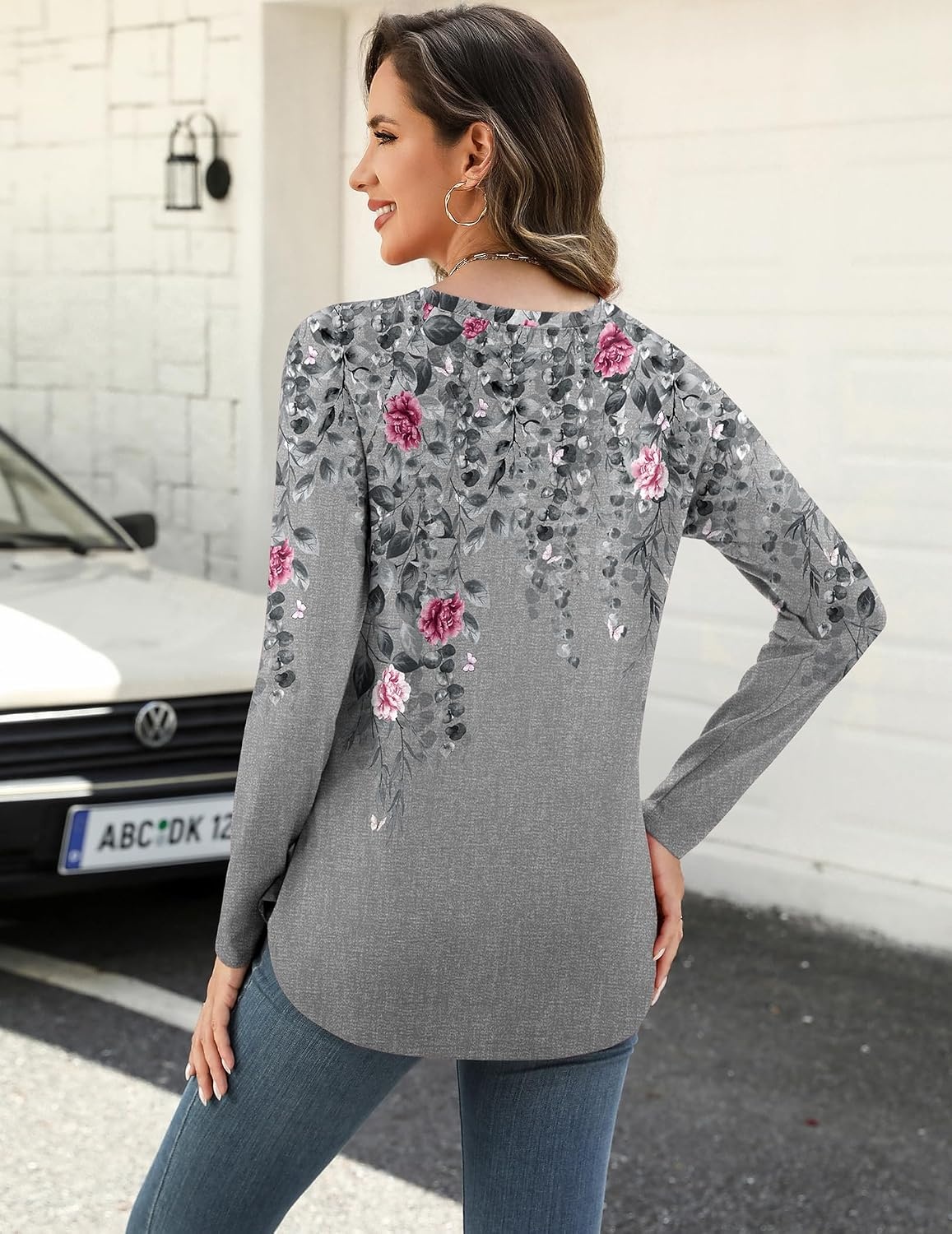 image:imageZeagoo Long Sleeve Shirts for Women Crew Neck Casual Fall Fashion Blouses Basic Tunic Tops Dressy Work ClothesAgrey Printhf36