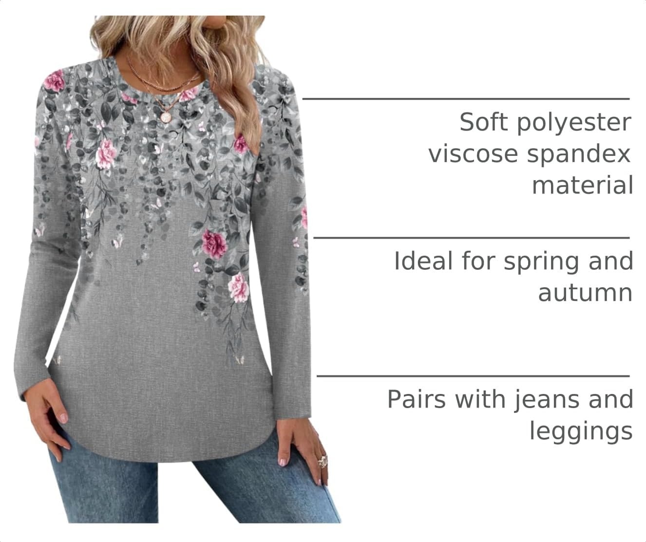 image:imageZeagoo Long Sleeve Shirts for Women Crew Neck Casual Fall Fashion Blouses Basic Tunic Tops Dressy Work ClothesAgrey Printhf36