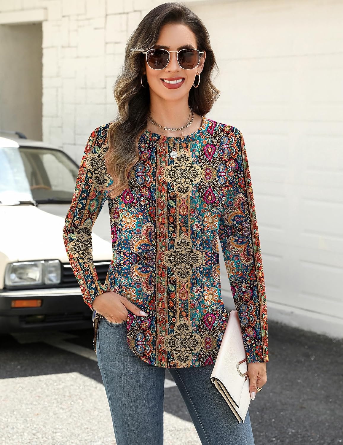 image:imageZeagoo Long Sleeve Shirts for Women Crew Neck Casual Fall Fashion Blouses Basic Tunic Tops Dressy Work ClothesAmulticolormz721