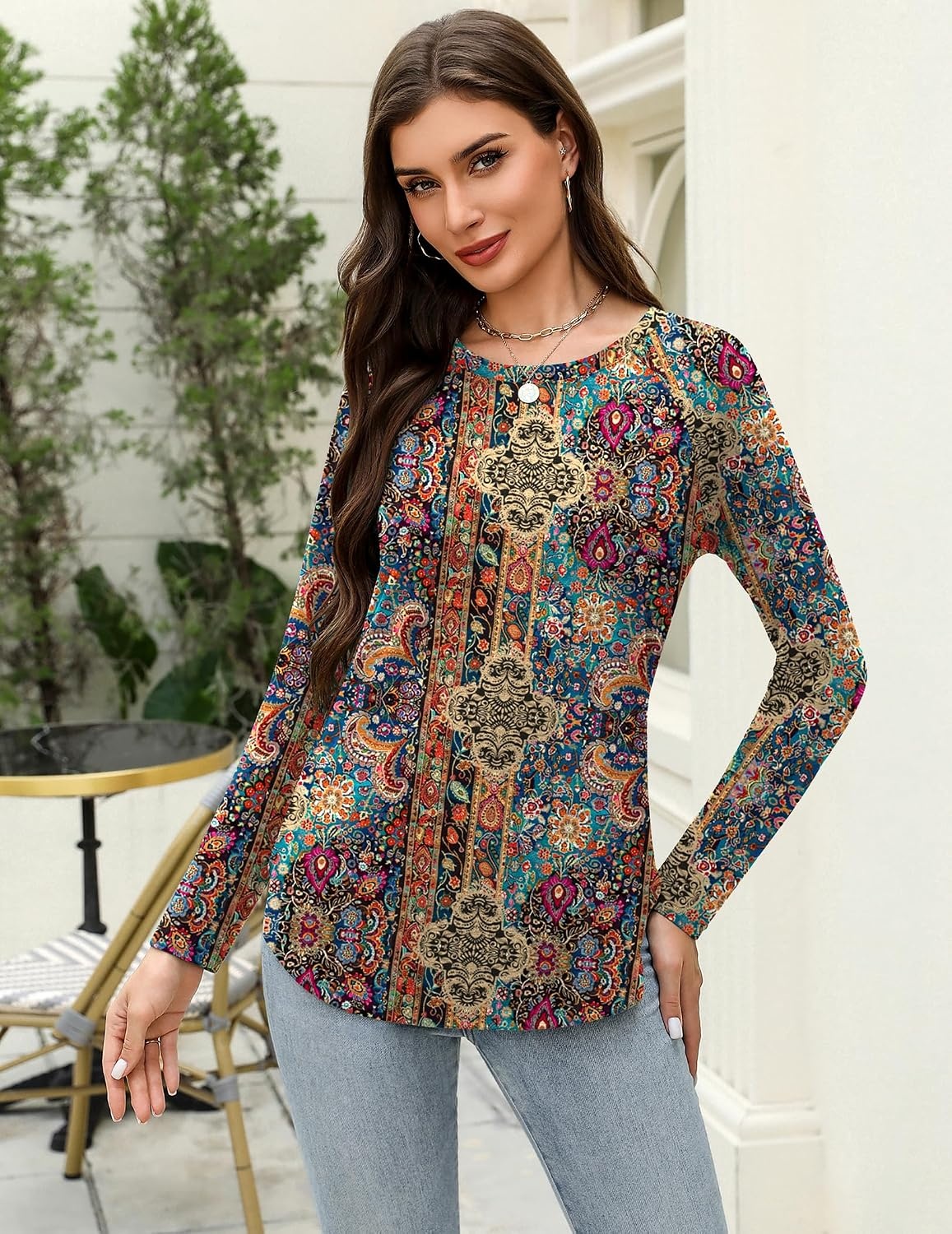 image:imageZeagoo Long Sleeve Shirts for Women Crew Neck Casual Fall Fashion Blouses Basic Tunic Tops Dressy Work ClothesAmulticolormz721