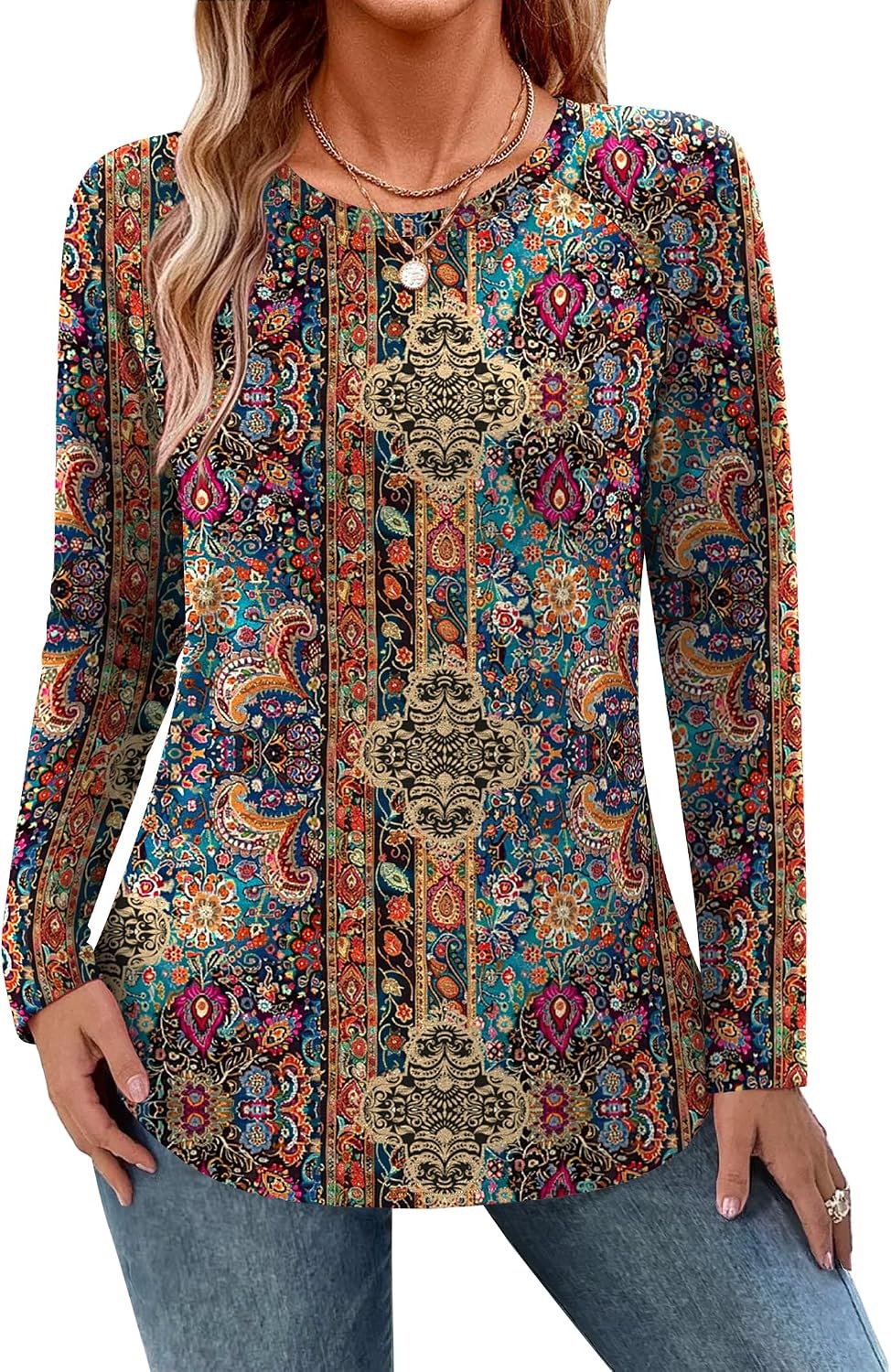 image:imageZeagoo Long Sleeve Shirts for Women Crew Neck Casual Fall Fashion Blouses Basic Tunic Tops Dressy Work ClothesAmulticolormz721