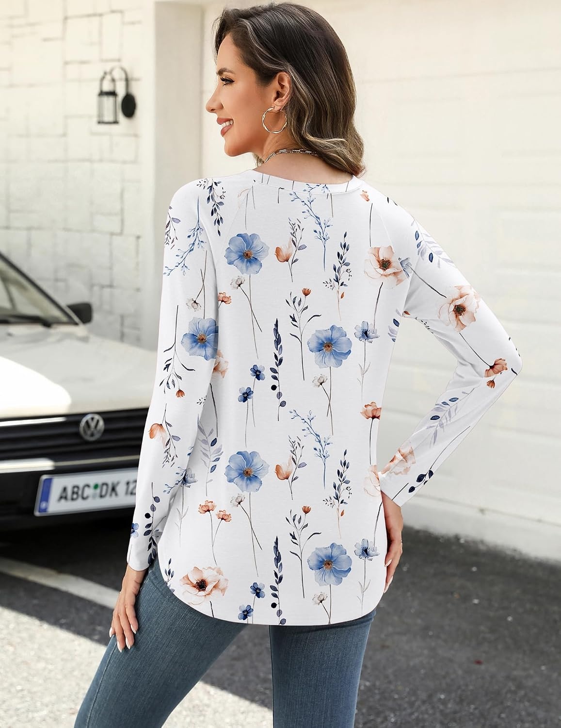 image:imageZeagoo Long Sleeve Shirts for Women Crew Neck Casual Fall Fashion Blouses Basic Tunic Tops Dressy Work ClothesAwhite Flowerbf112