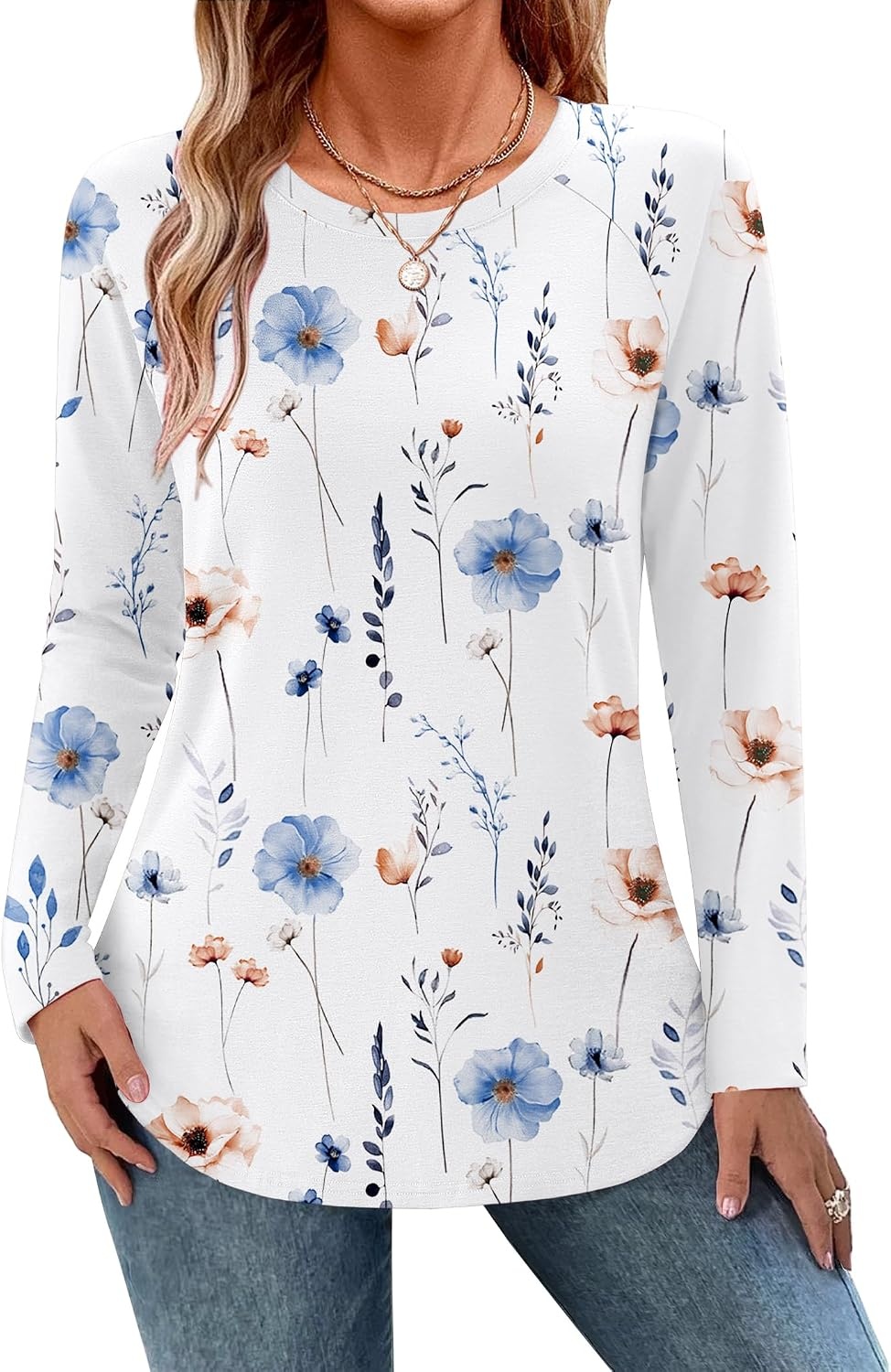 image:imageZeagoo Long Sleeve Shirts for Women Crew Neck Casual Fall Fashion Blouses Basic Tunic Tops Dressy Work ClothesAwhite Flowerbf112