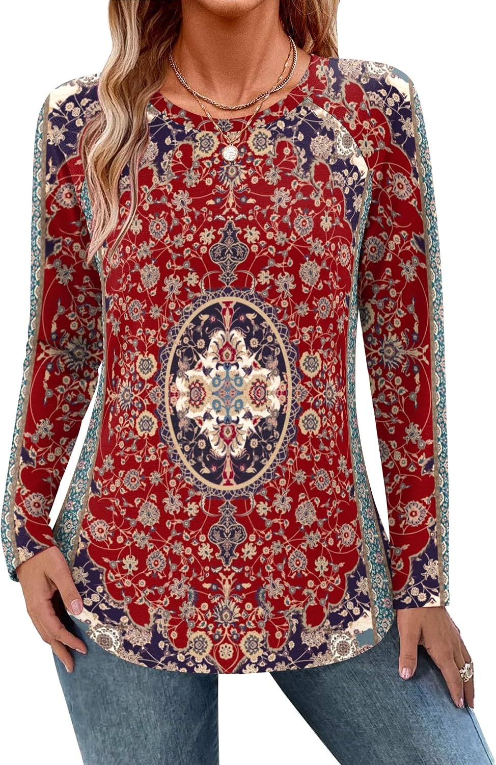 image:imageZeagoo Long Sleeve Shirts for Women Crew Neck Casual Fall Fashion Blouses Basic Tunic Tops Dressy Work ClothesFloral Redmz870