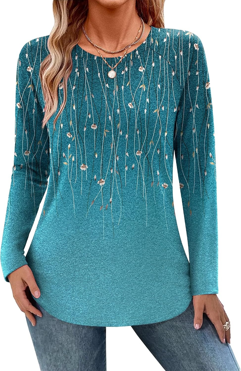 image:imageZeagoo Long Sleeve Shirts for Women Crew Neck Casual Fall Fashion Blouses Basic Tunic Tops Dressy Work ClothesGreen Leavexh363