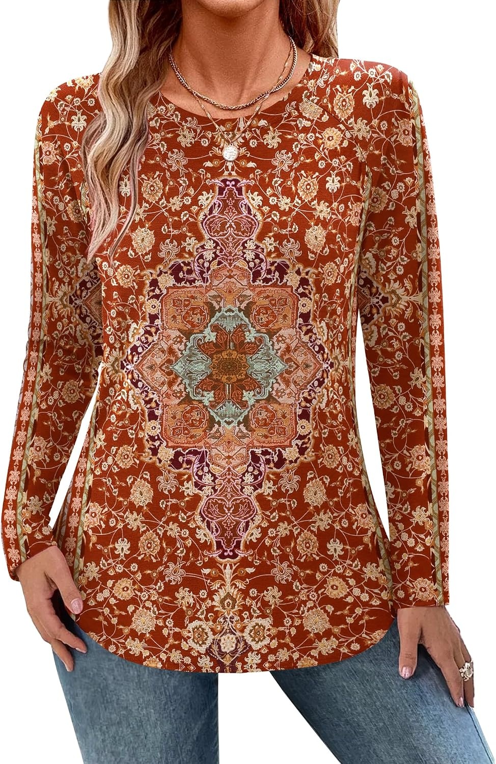 image:imageZeagoo Long Sleeve Shirts for Women Crew Neck Casual Fall Fashion Blouses Basic Tunic Tops Dressy Work ClothesMulticolormz811