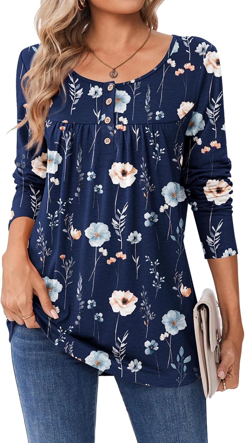 image:imageZeagoo Long Sleeve Shirts for Women Dressy Casual Blouses Loose Tunic TopsBlue Flowerbf318
