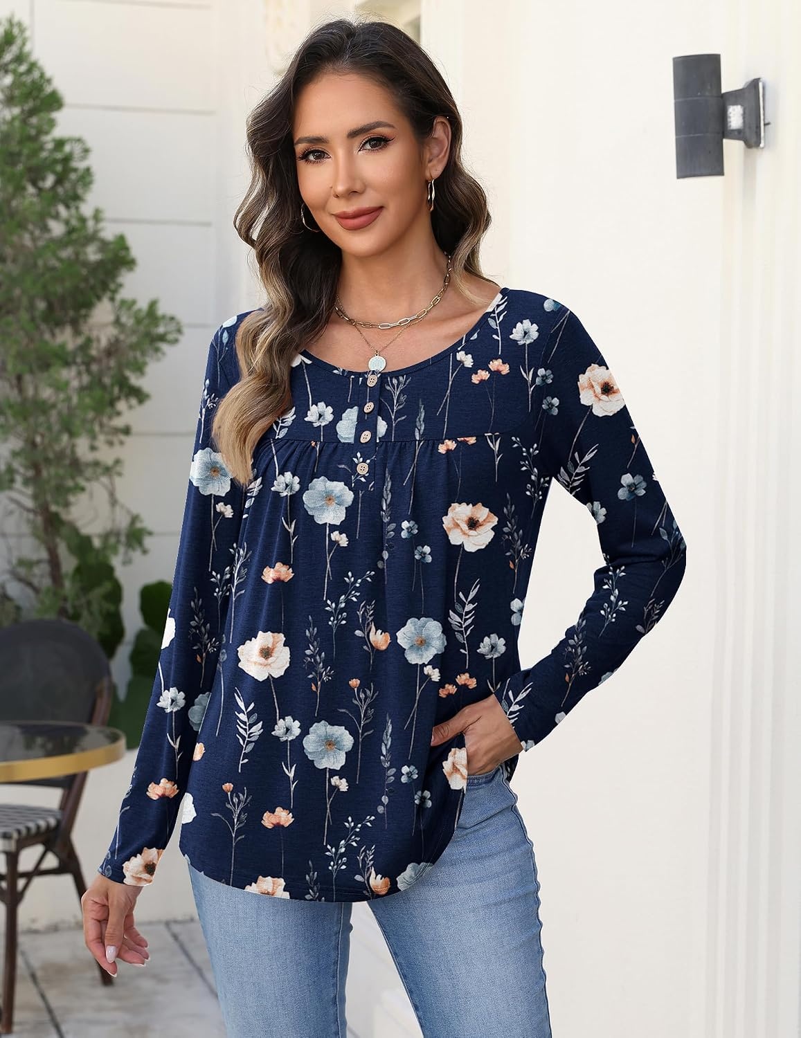 image:imageZeagoo Long Sleeve Shirts for Women Dressy Casual Blouses Loose Tunic TopsBlue Flowerbf318