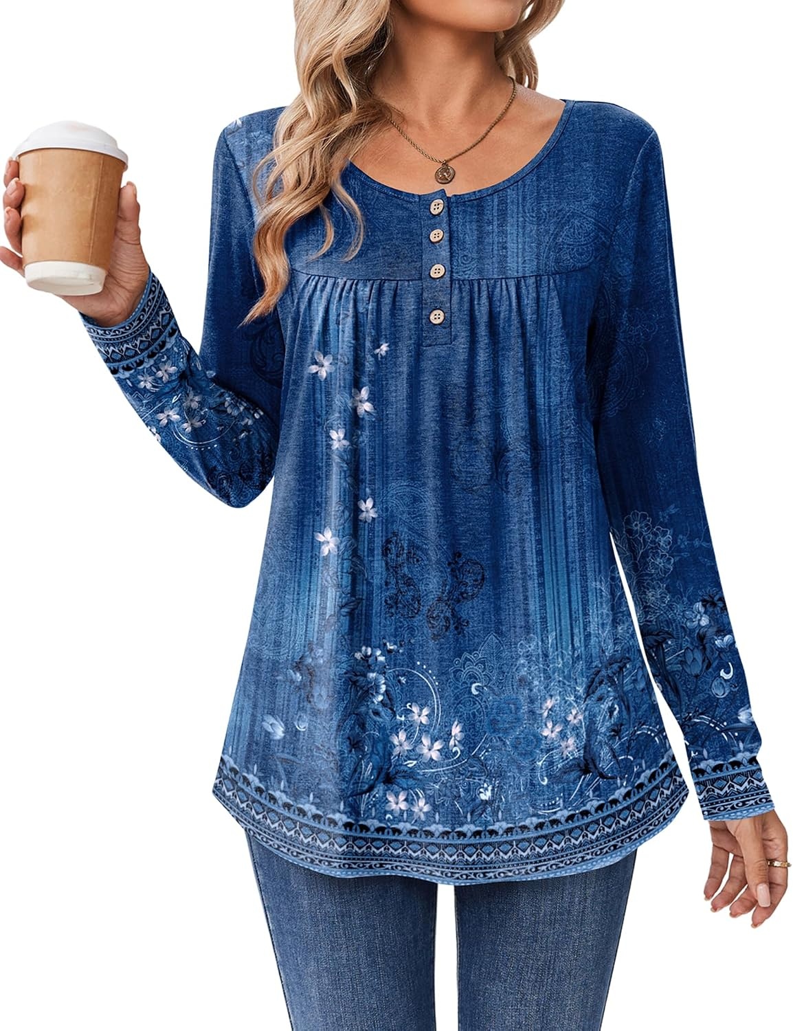 image:imageZeagoo Long Sleeve Shirts for Women Dressy Casual Blouses Loose Tunic TopsBlue Flowermz845