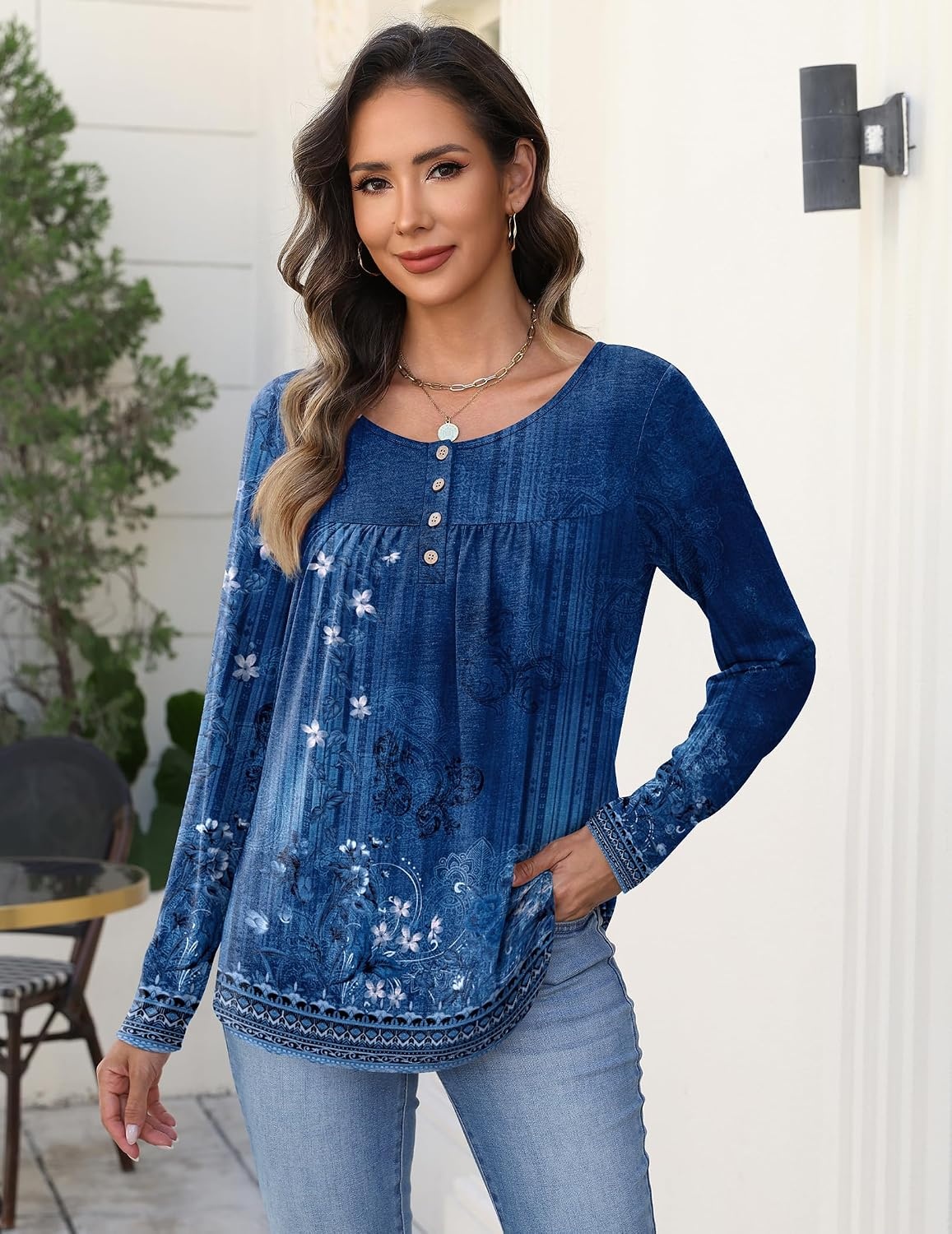 image:imageZeagoo Long Sleeve Shirts for Women Dressy Casual Blouses Loose Tunic TopsBlue Flowermz845