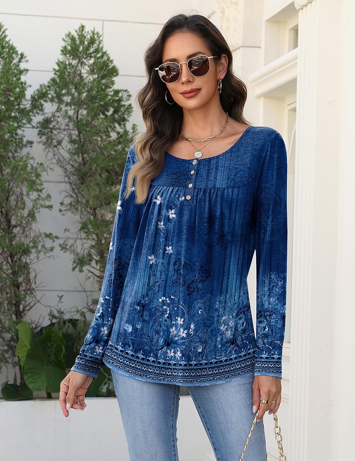 image:imageZeagoo Long Sleeve Shirts for Women Dressy Casual Blouses Loose Tunic TopsBlue Flowermz845