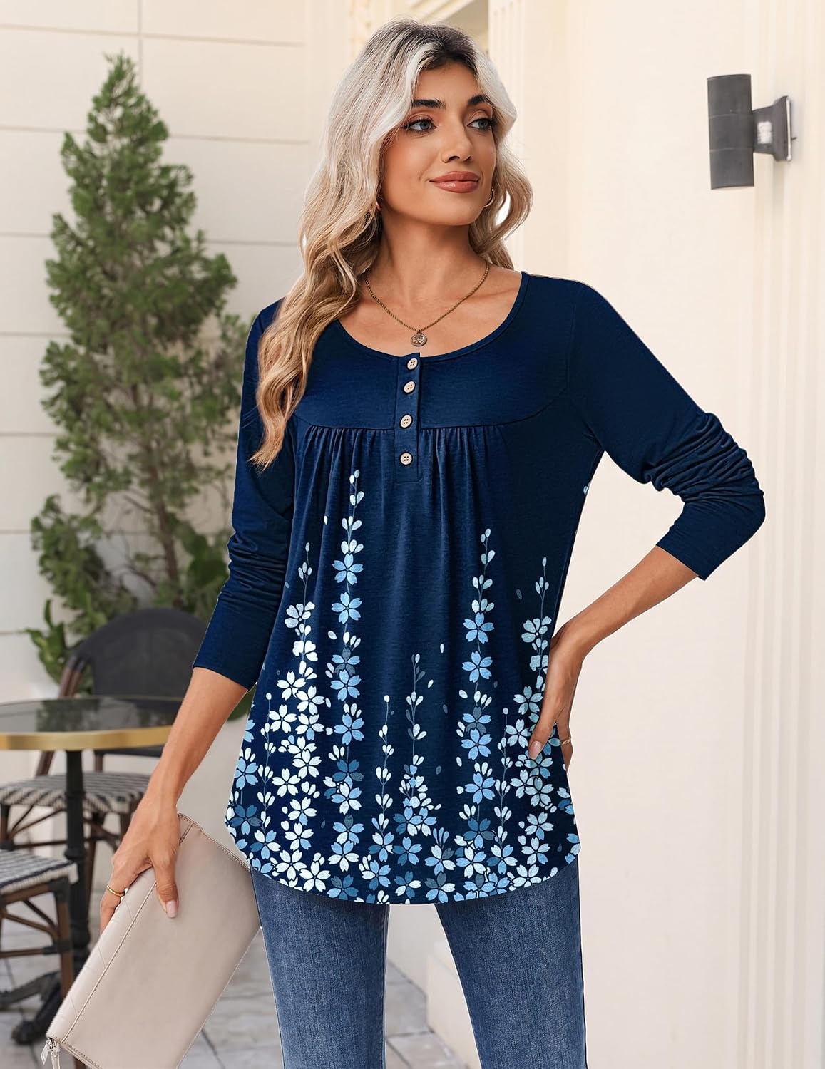 image:imageZeagoo Long Sleeve Shirts for Women Dressy Casual Blouses Loose Tunic TopsBlue Printsf119