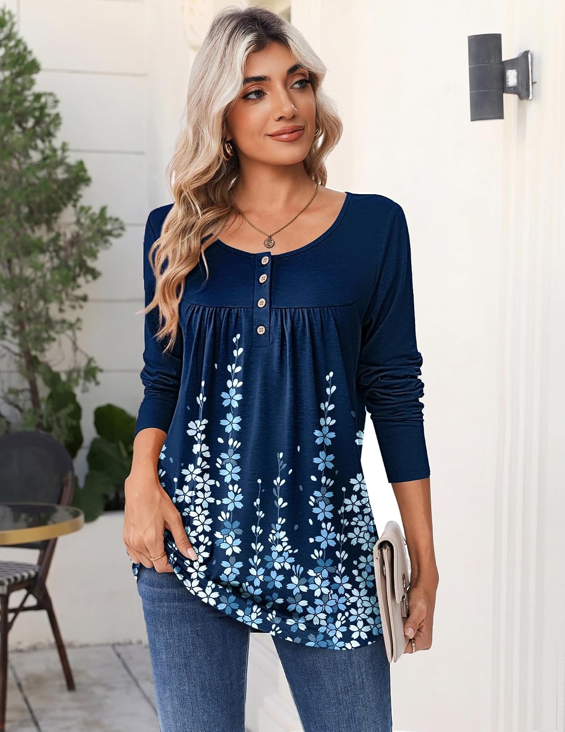 image:imageZeagoo Long Sleeve Shirts for Women Dressy Casual Blouses Loose Tunic TopsBlue Printsf119